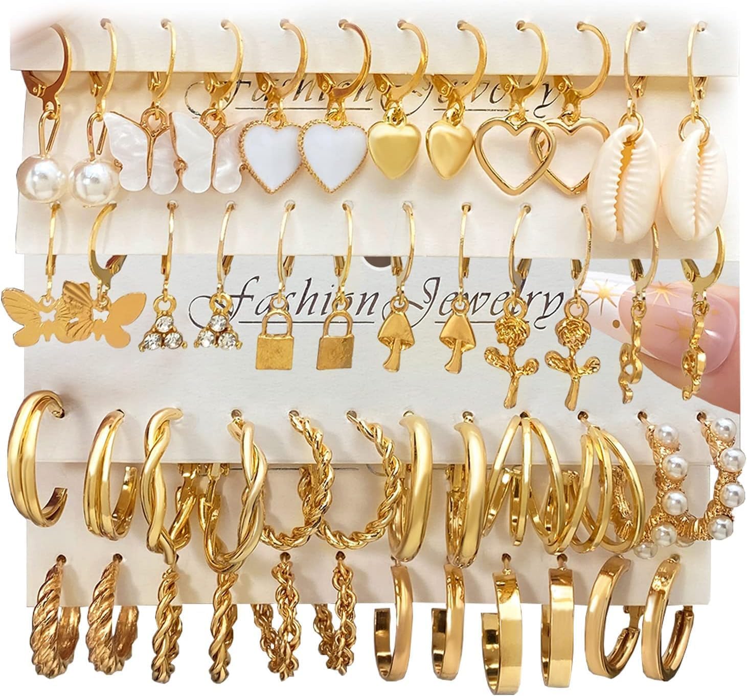 TOYBY 24 Pairs Gold Hoop Earrings Set for Women Girls, Fashion Pearl Zirconia Butterfly Earrings Packs Piercings, 14K Gold Plated Chunky Hoop Earrings Set,Hypoallergenic Stud Hoops Earrings