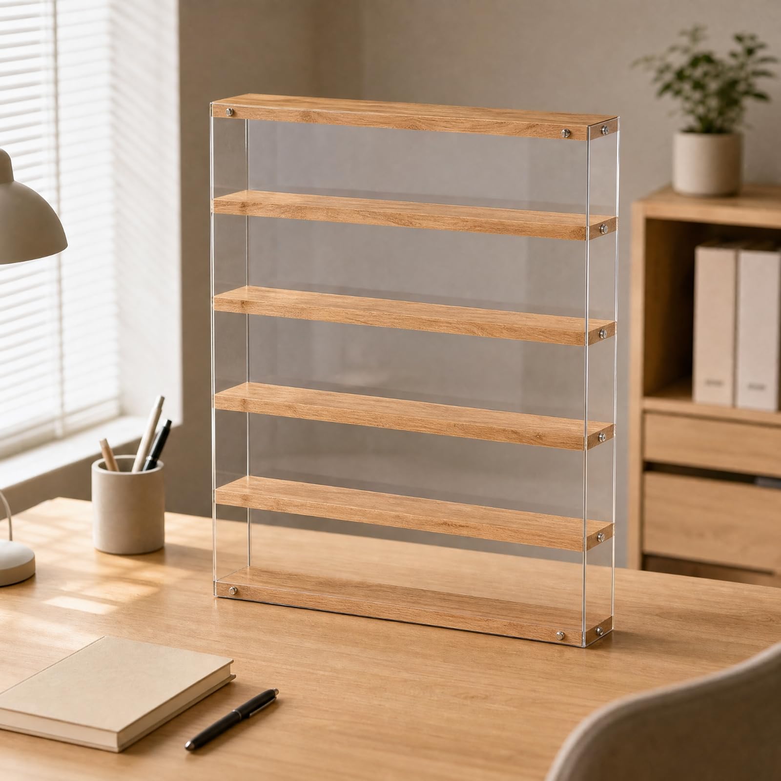 Colcolo Zufallsbox-Figuren-Vitrine aus Acryl staubgeschützt Acryl-Displaybox mit Holzmaserungsregalen hochtransparent Puppenvitrine für Schlafzimmer, Büro, 50CM, 5-Stufig