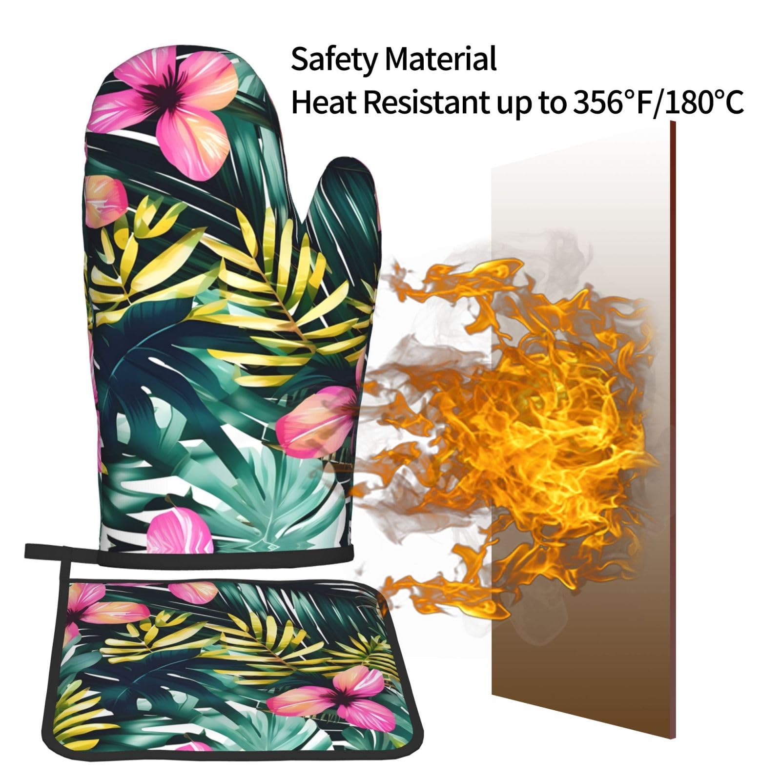 Lot De 4 Maniques Et Gants De Cuisine Thème Hawaïen - Résistants à La Chaleur, Avec Boucle (motif Feuilles Tropicales)