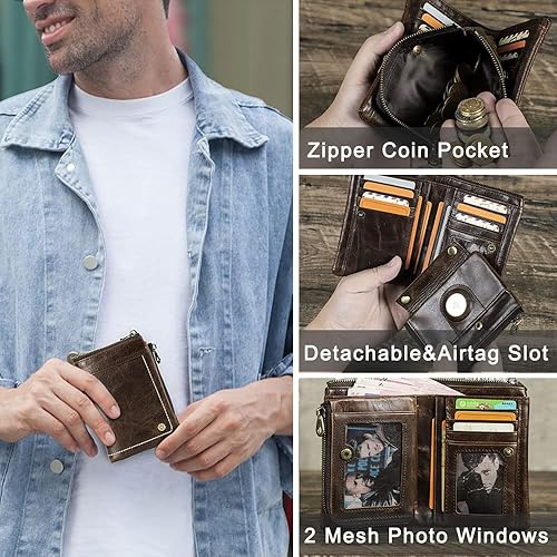 Miniatura 2 de CONTACTS Cartera de cuero para hombre, pequeña, plegable, RFID, con cremallera marrón, vintage, extraíble, bolsillo para monedas, tarjetero con