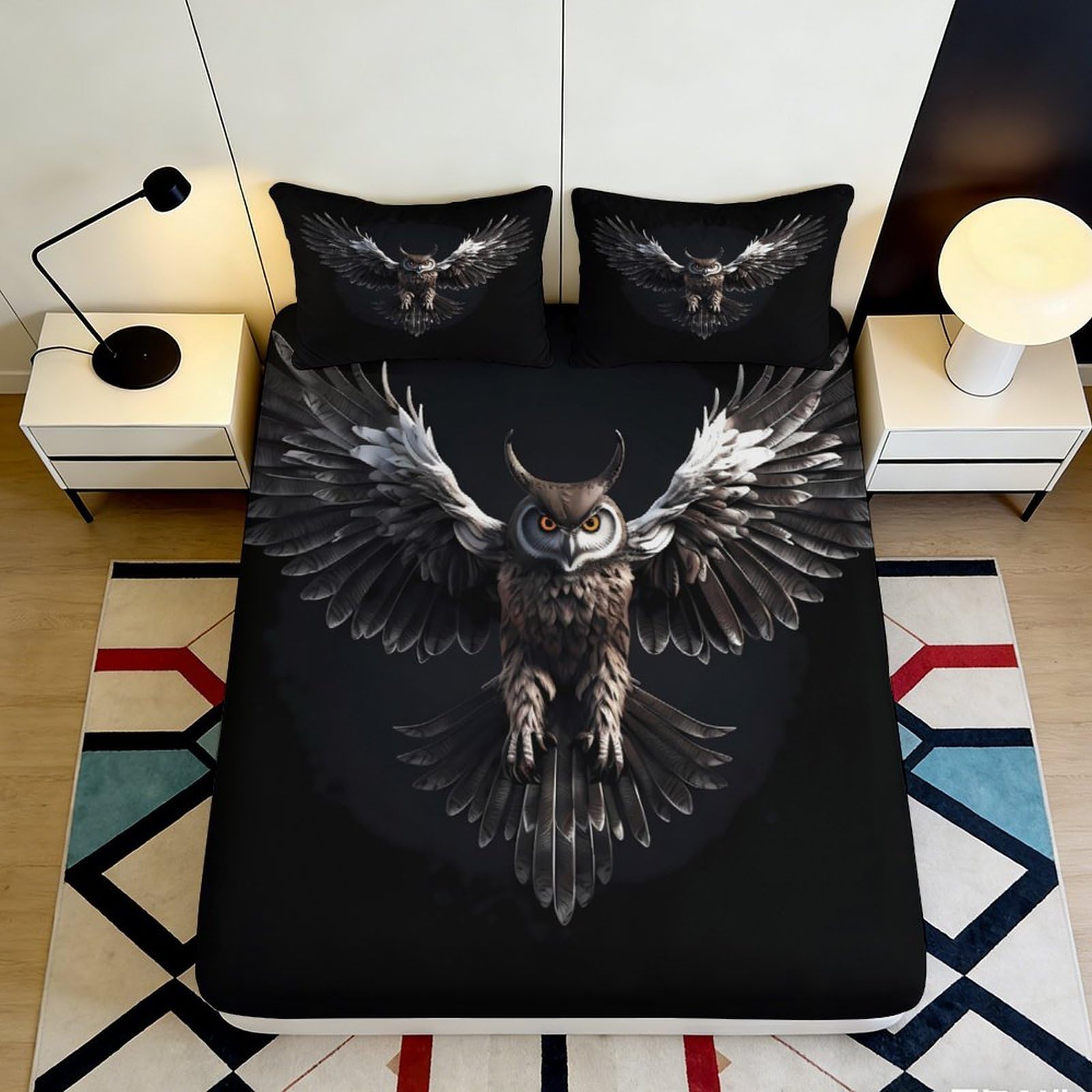 3D Printed Owl Design Fitted Sheet Microfiber Soft Breathable Flying Bird Bed Cover for Bedroom Dormitory Guest Room Mattress Protection Decor 180x200x25cm