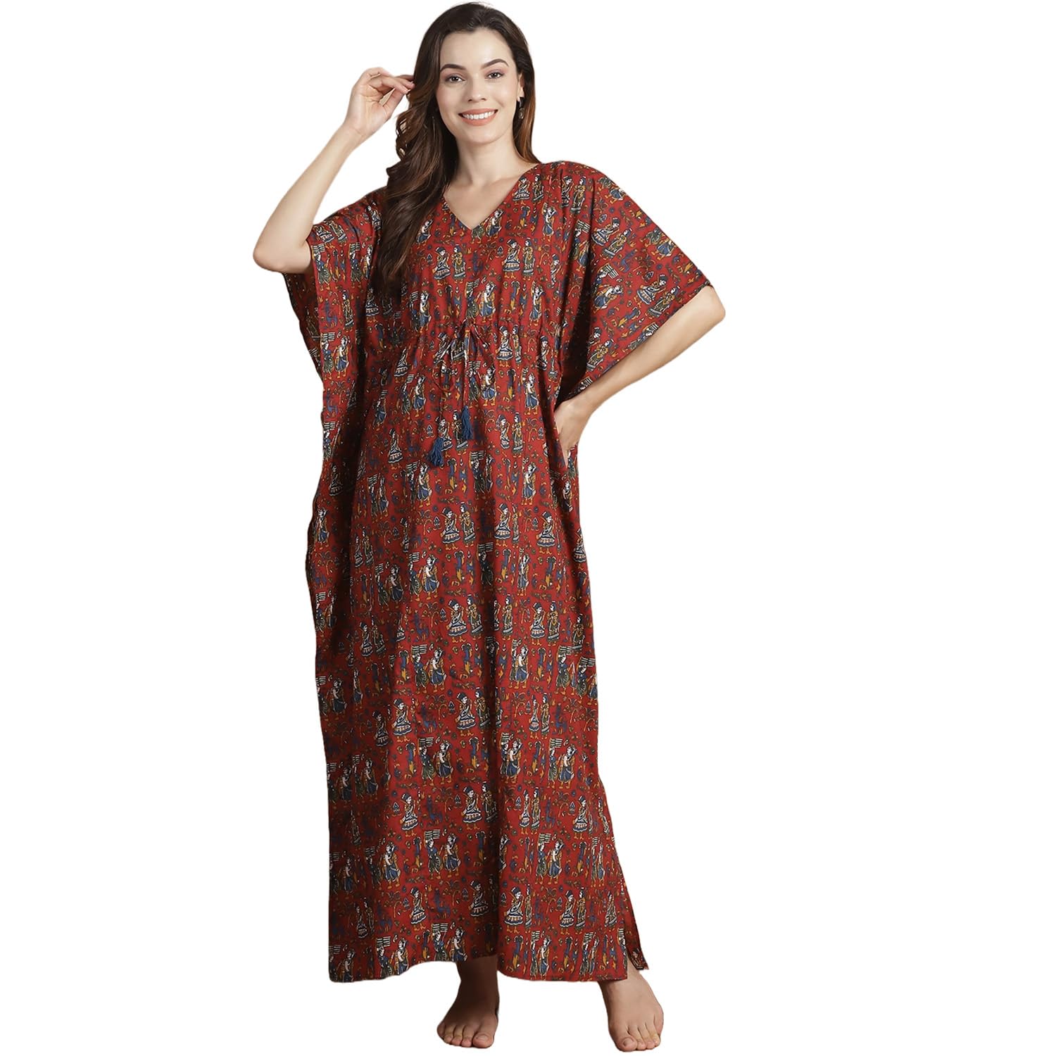 Maroon Ethnic Cotton Maternity Kaftan/Free Size/Feeding/Nursing/Zipper/Drawstring/Printed/Full Length