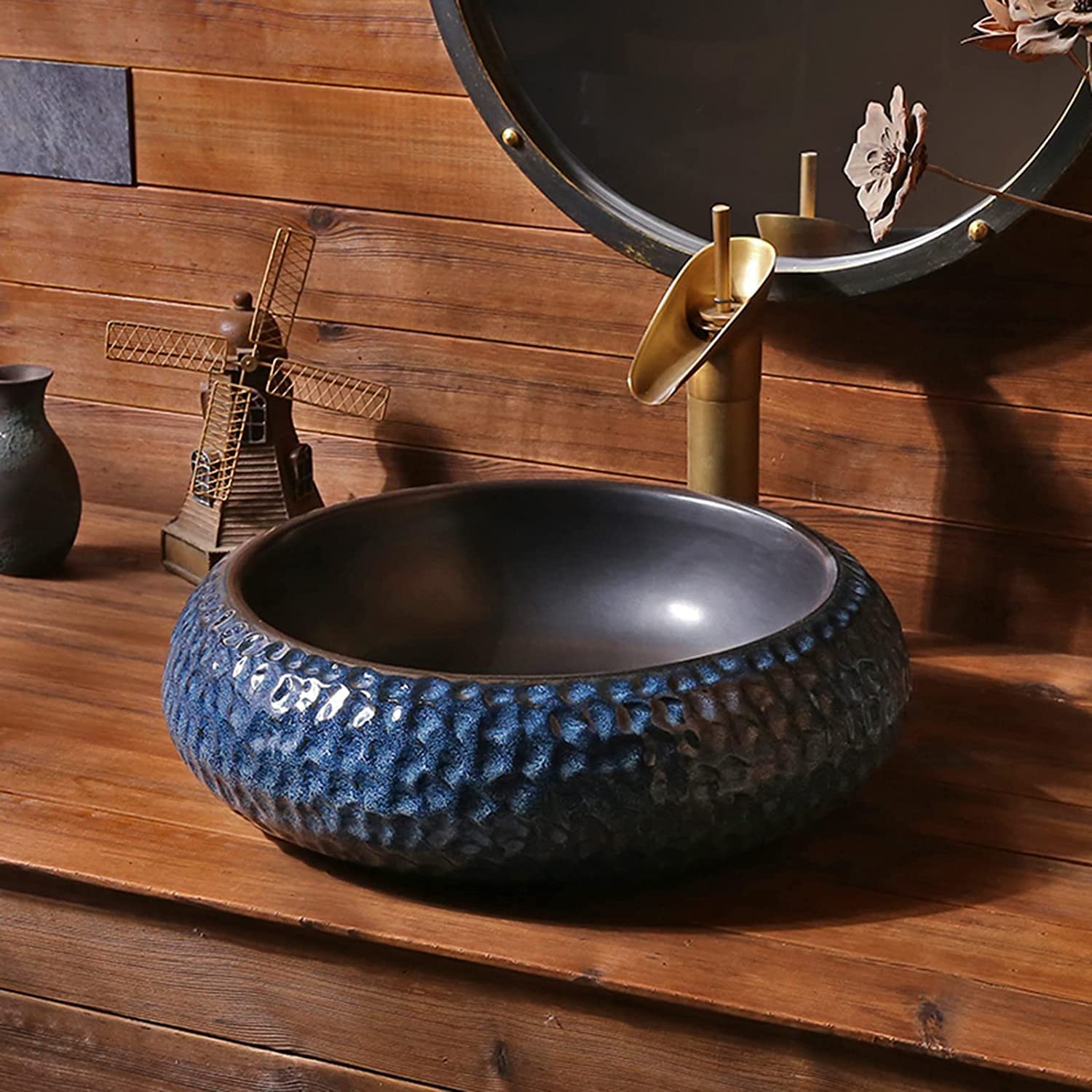 Ceramiczna Umywalka Łazienkowa, Ceramiczna Umywalka Nablatowa, Okrągła, W Stylu Industrialnym, Do Łazienki, W Stylu Retro, Do Garderoby, Ręcznie Rzeźbiona Umywalka Nablatowa