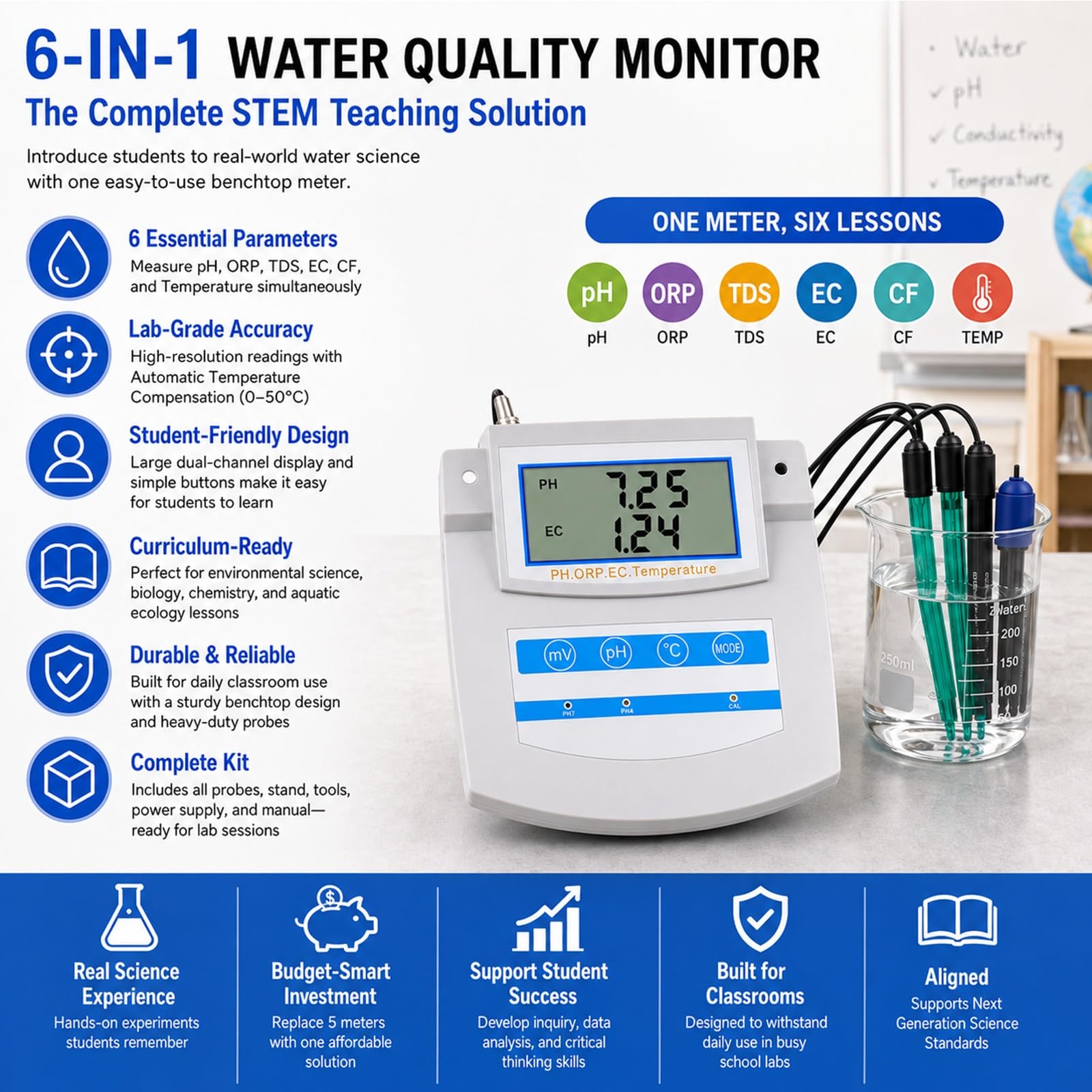 Monitor Calidad Agua 6 En 1 para Stem – Medidor Digital De Mesa pH TDS EC CF ORP Temp, Analizador Multiparámetro Lab con ATC para Aula Ciencias Y Laboratorio Escolar