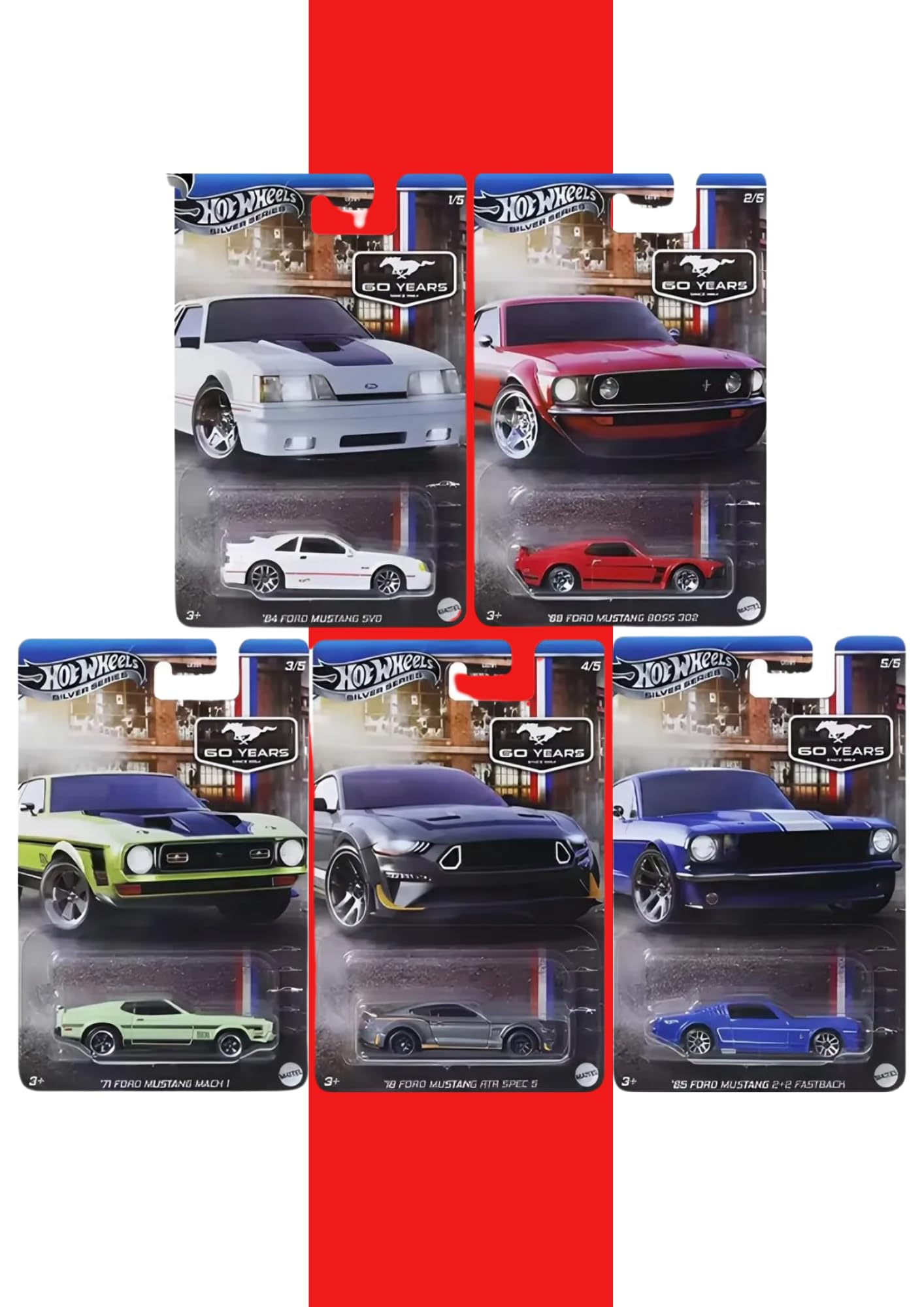 HW Ford Mustang 60. Yıl Özel Koleksiyon Seti, 5 Araç, 1:64 Ölçek