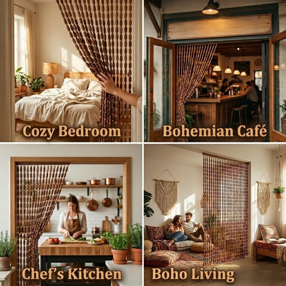 Rideau Occultant en Perles de Bois Résistant, Rideau Anti-mouches Pour Porte de Balcon Passage d'air, Réutilisable Suspendu Librement Rideau en Bois Pour Salon Chambre(Original Wood,100x200cm)