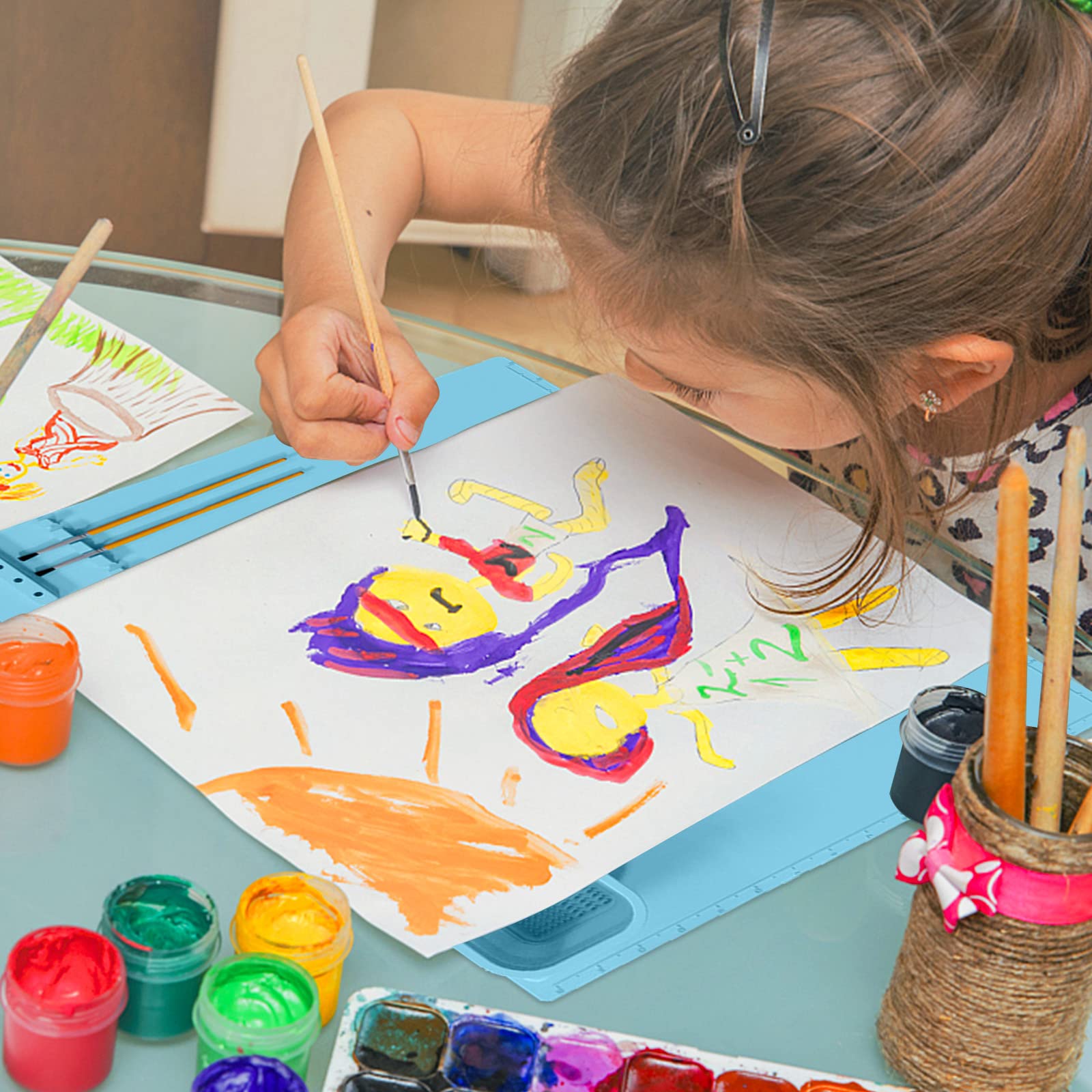 Hapihom Tappetino in silicone per bambini, 20 x 16, tappetino in silicone per bambini, con tazza pieghevole e porta pennelli, tappetino per pittura artistica, argilla rosa