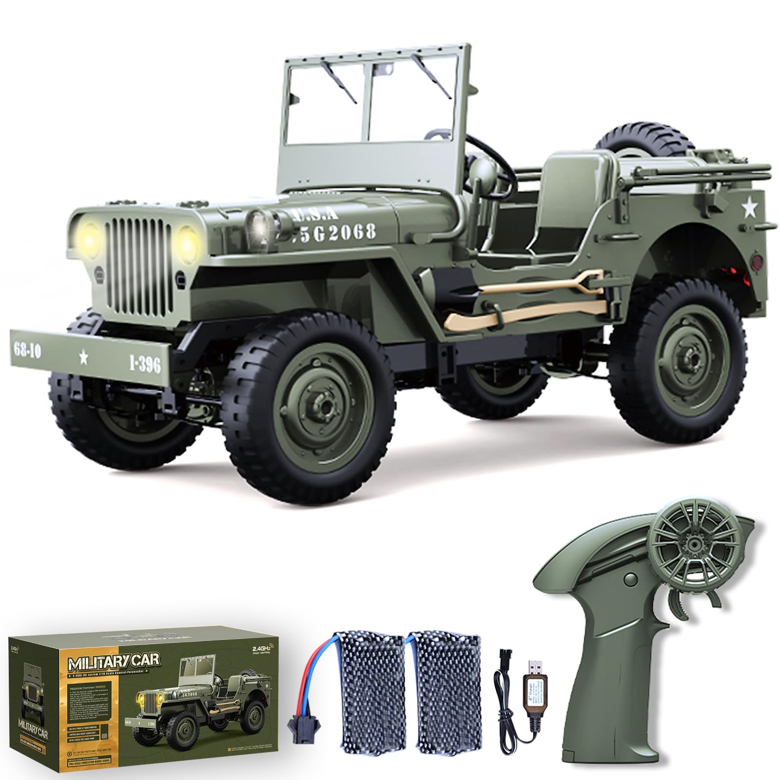 RC Crawlers, 1:10 Scale D888 Willys Military Jeep, 2.4Ghz 4WD Off Road Rock Crawler Vehicle with Lights All Terrain Electric RC Jeep Toy for Adult Kids Boys