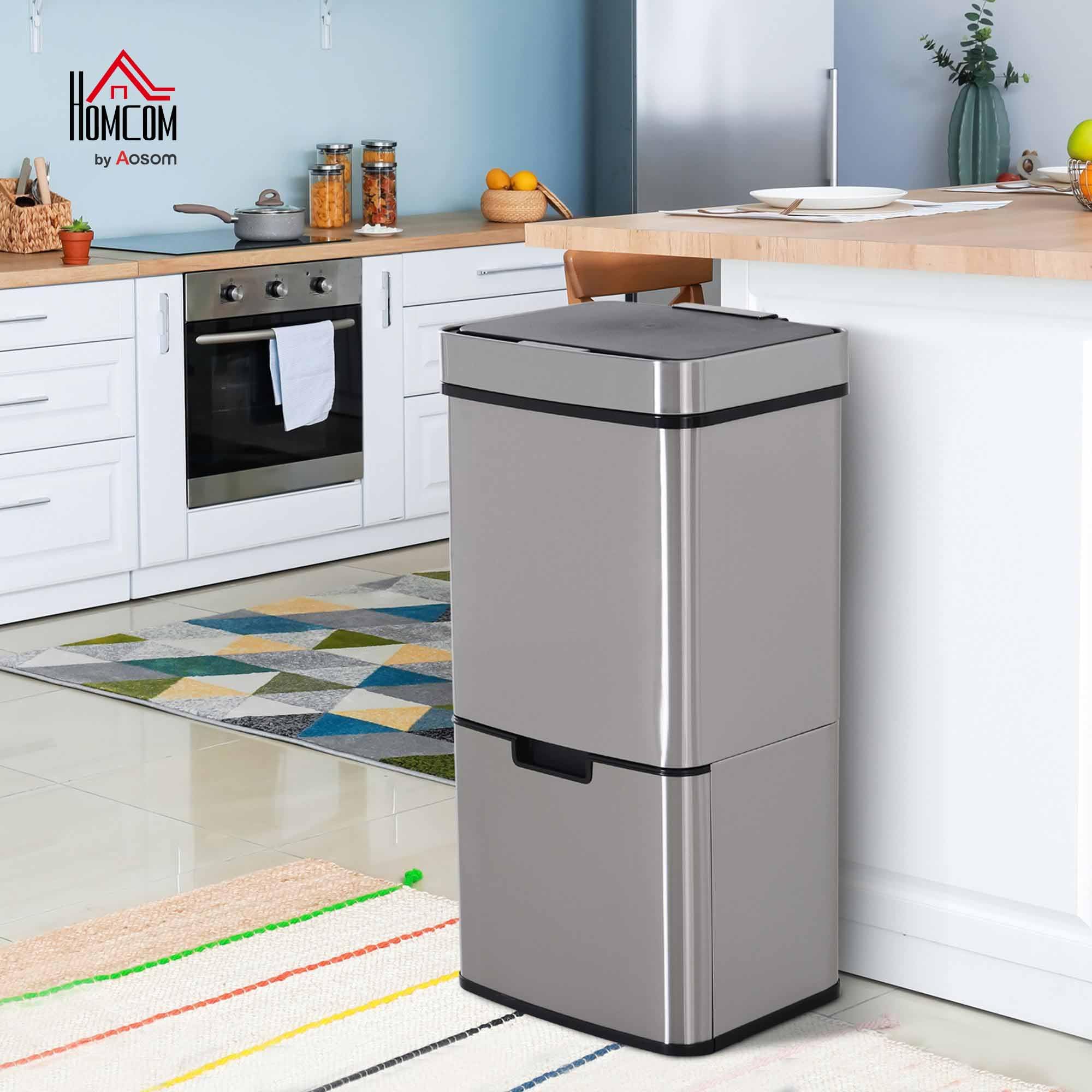 HOMCOM Cubo de Basura Automática 72L Cubo de Basura Inteligente de Acero Inoxidable con Sensor Infrarrojos y 2 Compartimientos para Cocina Dormitorio 42x30x81 cm gris