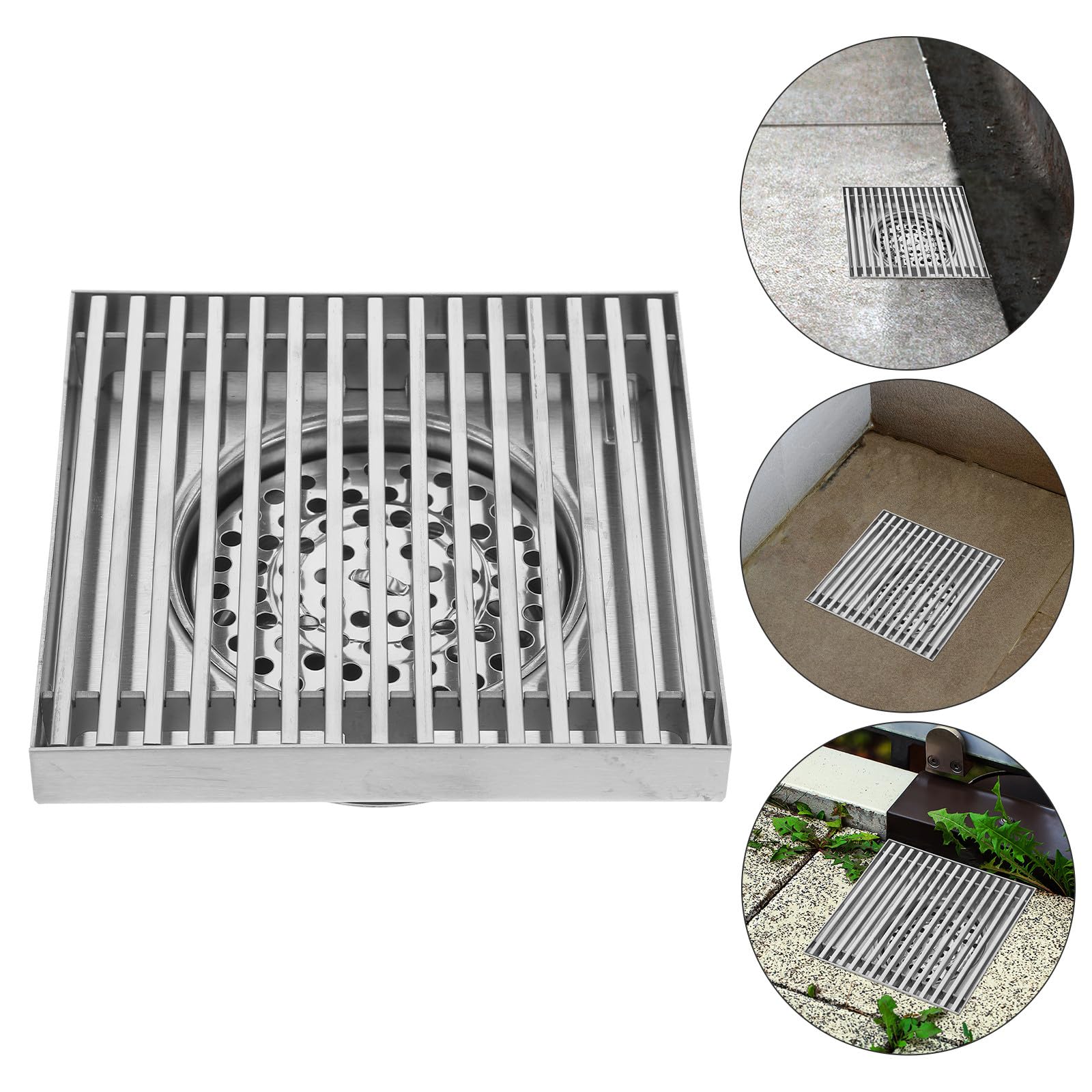 Rejilla Cuadrada de Drenaje en Acero Inoxidable 304 para Patio | Gran Diámetro, Acabado Plata, Diseño Antiobstrucción, Uso Exterior en Jardines y Patios