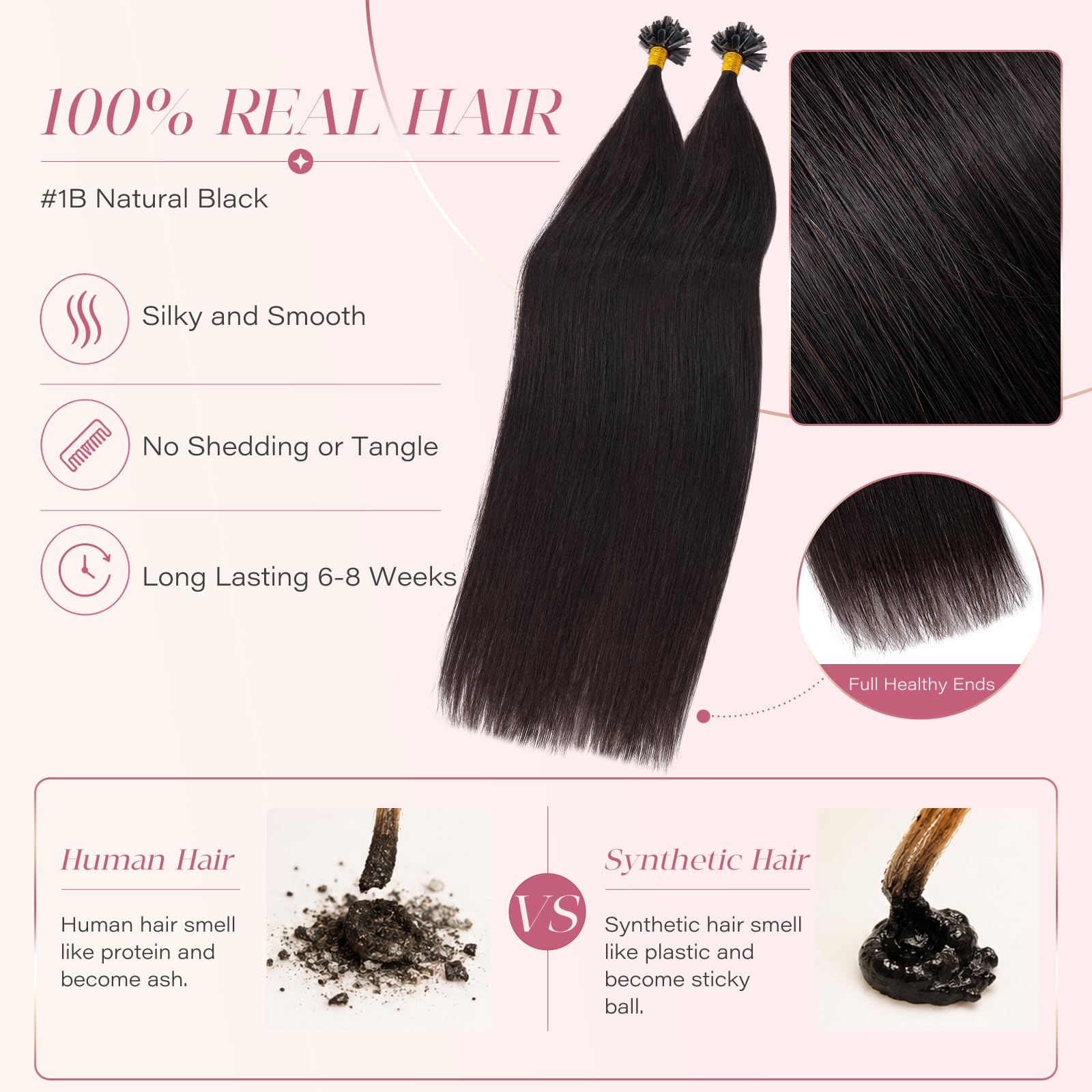 Elailite Extensiones Pelo Natural Queratina 1g Remy Cabello Humano sin Clip U Tip Keratina 50 Mechas 50g - 45cm #1B Negro Natural