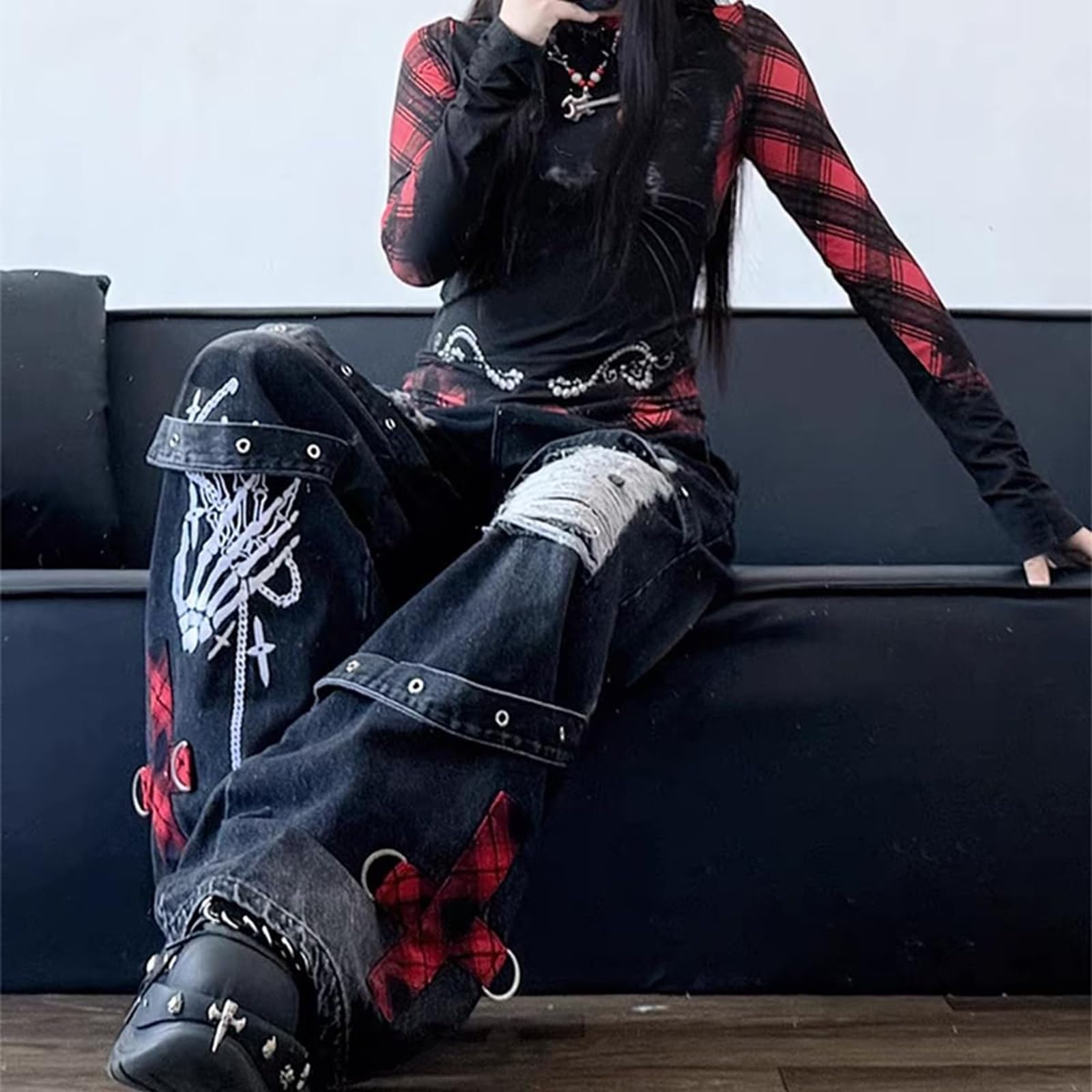 Y2K Ripped Grunge Baggy Jeans Hose Emo Damen Goth Straight Leg Hose High Waist Alt Y2K Hose Kleidung