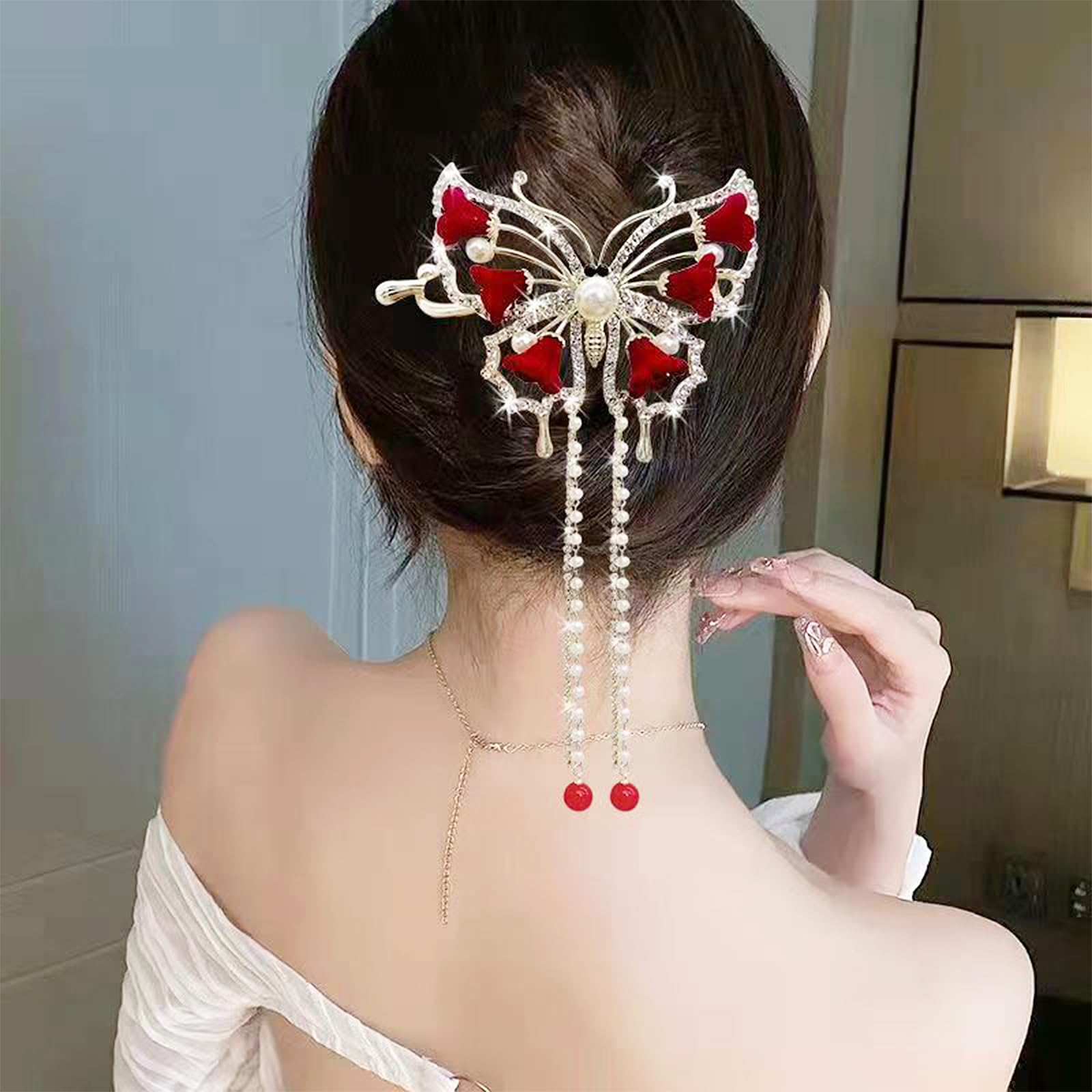 Gold Rhinestone Butterfly Hair Claw Tassel Flower Hair Accessory Metal Butterfly Tassel Hair Claw Clip, Rhinestone Butterfly  main image 2