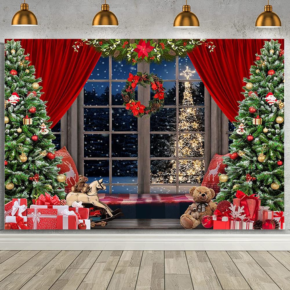 MEHOFOND Christmas Backdrop for Photography Winter Window Backdrop Snow Xmas Tree Party Decorations Background Baby Kids Family Portrait Banner Cake