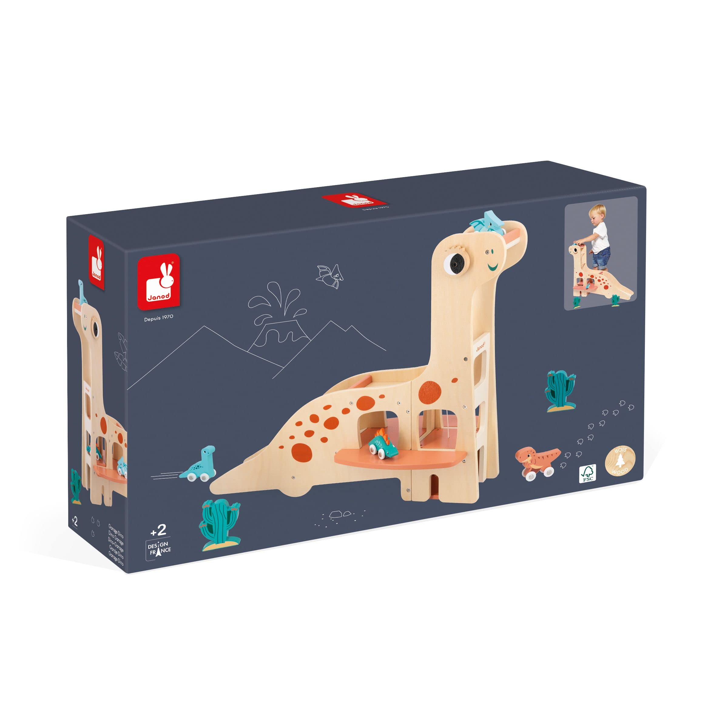 Janod Dinosaur Garaż Diplodocus dla dzieci-4 Dinos do pchania i 2 kaktusy - rozwija umiejętności motoryczne - drewniana zabawka FSC-od 24 miesięcy, J05835, Wielokolorowy