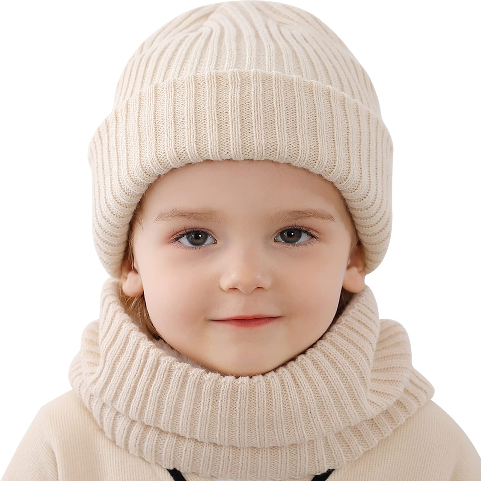 Hicdaw 2Pcs Kids Winter Hat and Scarf Set Winter Hats for Kids Toddler Beanie Hat Fleece Lined Scarf for Boys Girls 2-8 Years
