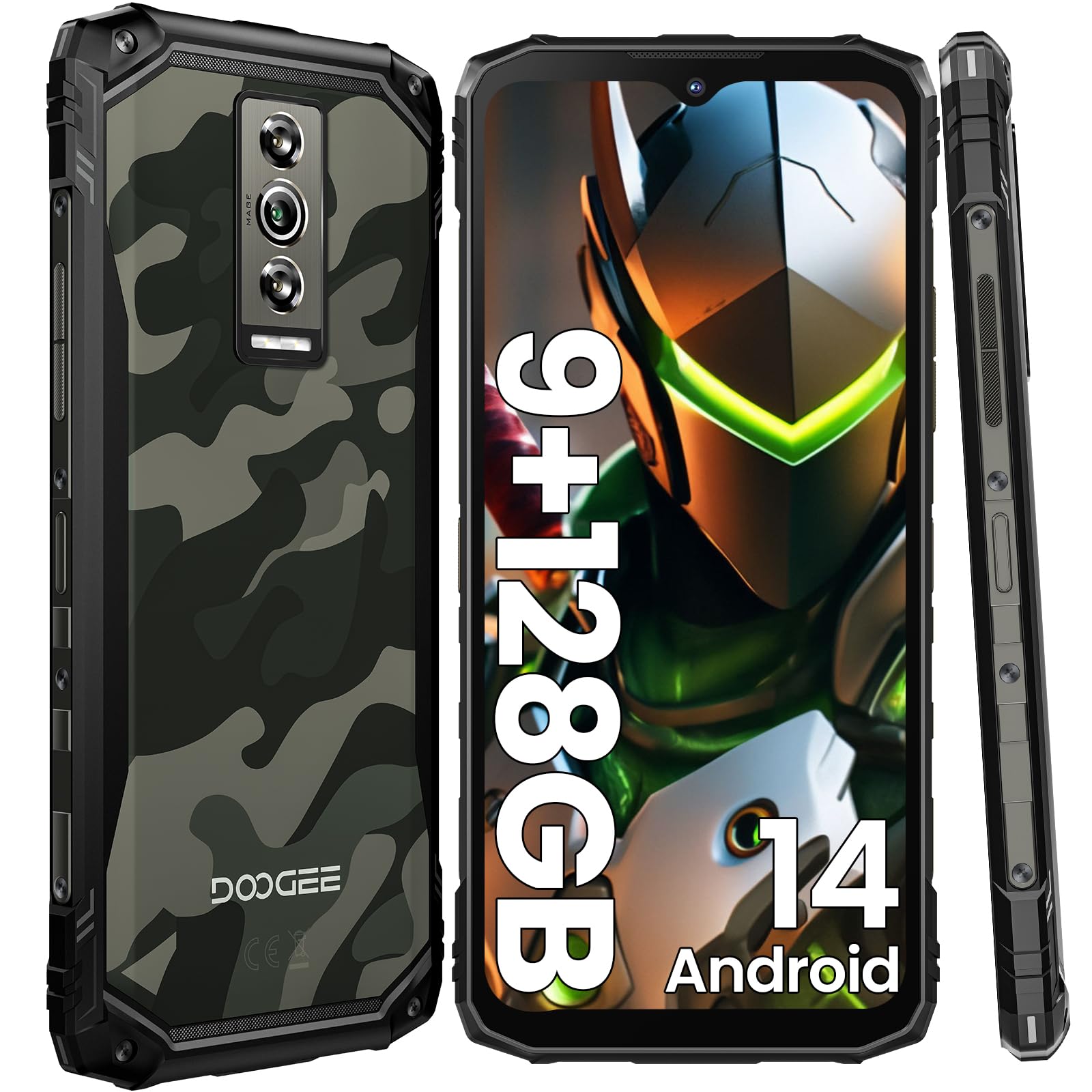 DOOGEEBlade 10 Rugged Phone Unlocked, Android 14 Cell Phone, 6.56'' 90Hz Display, 128GB ROM/TF 1TB, 5150mAh, 16MP AI Camera, 4G Dual SIM Smart Phones, IP68/IP69K Waterproof Phone, Face ID/GPS/OTG