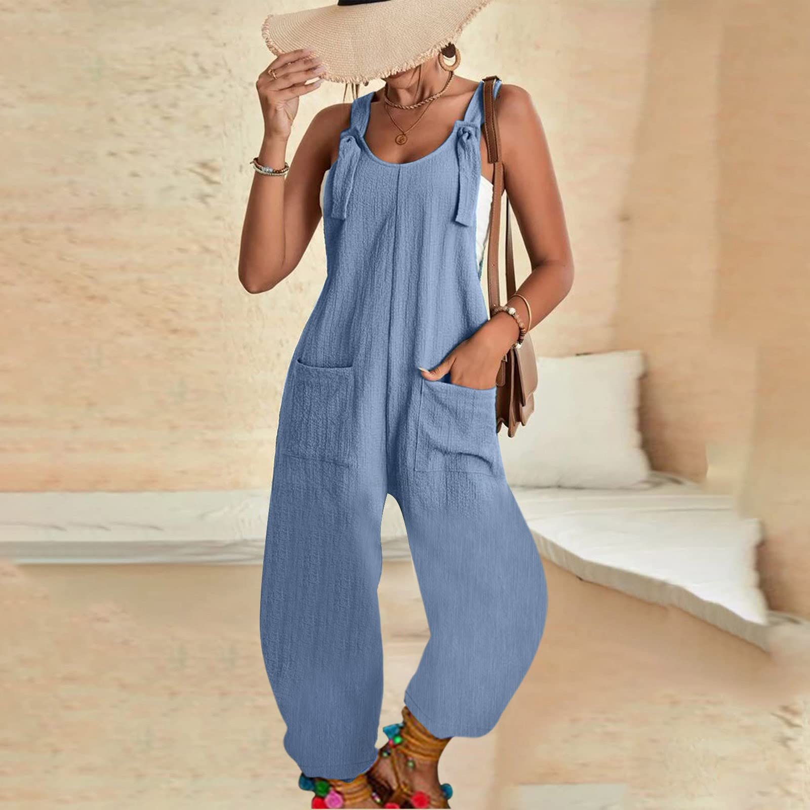 Combinaison Pantalon Femme Chic Et Élégant Jumpsuit Droit Fluide D'été sans Manches Couleur Unie Slim Combipantalon Rompers avec Poches Décontractée Playsuit Pantalon Large Combinaison de Travail Fem
