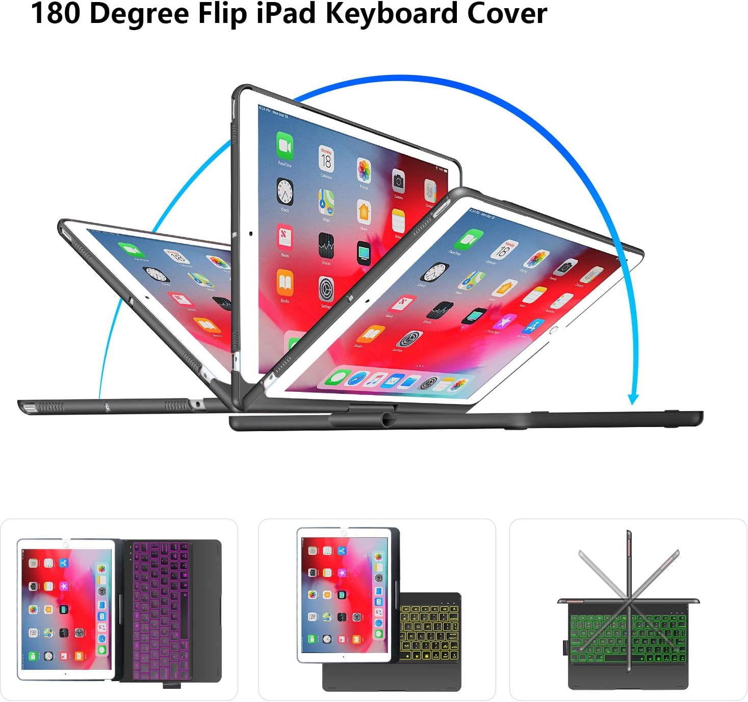 iPad Keyboard Case for iPad 6th Gen 2018, iPad 5th Gen 2017, iPad Pro 9.7, iPad Air 2, iPad Air 1, 360 Screen Rotation 7 Colors Backlight iPad Case with Keyboard - Black