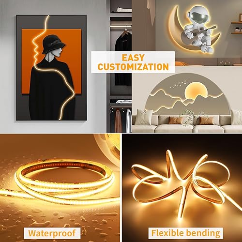 Miniatura 4 de Airand Tira de luces LED adhesivas de color blanco cálido, regulable, 3000 K, tira de luz LED COB con control remoto flexible de alta densidad, luz
