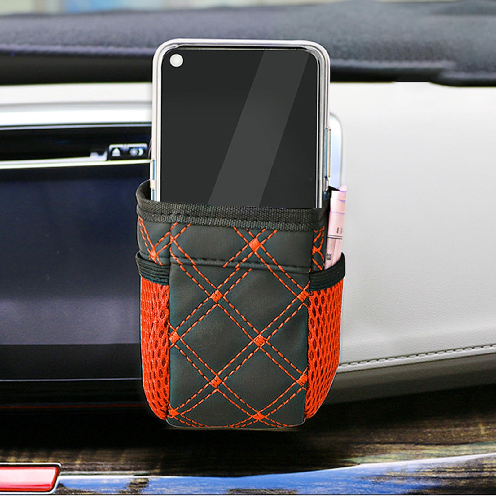Car Air Vent Bag, Car Outlet Bucket Bag, 4.72x2.56x2.76 inches PU Leather Storage Pouch for Mobile Phone, Keys, Sunglasses, and Dashboard Organization