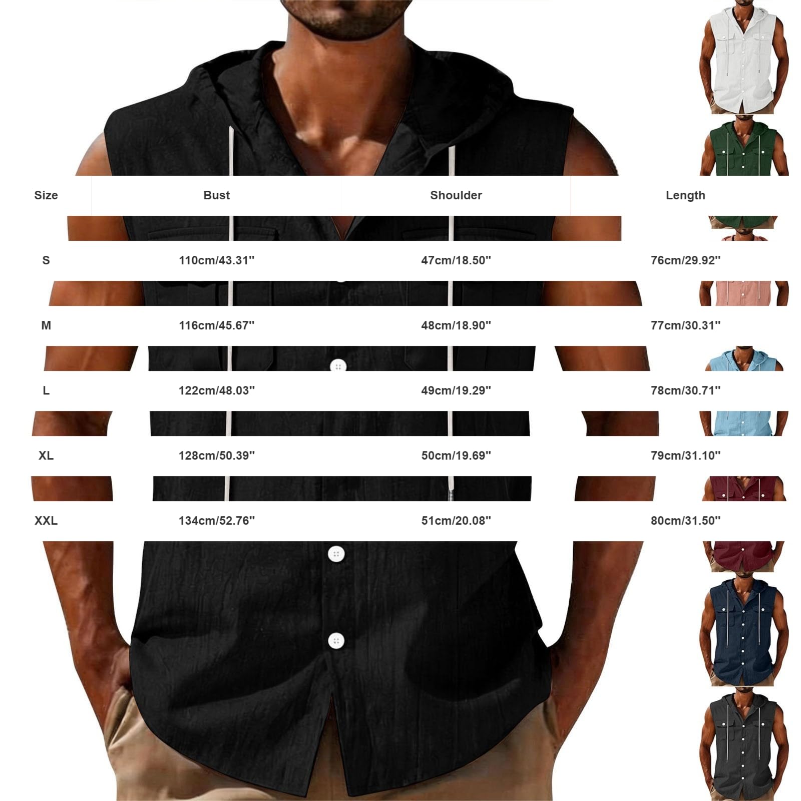 Camicia Senza Maniche con Cappuccio Uomo in Cotone E Lino vestibilità Ampia, Indumento di Moda per Sport E Vacanze sulla Spiaggia