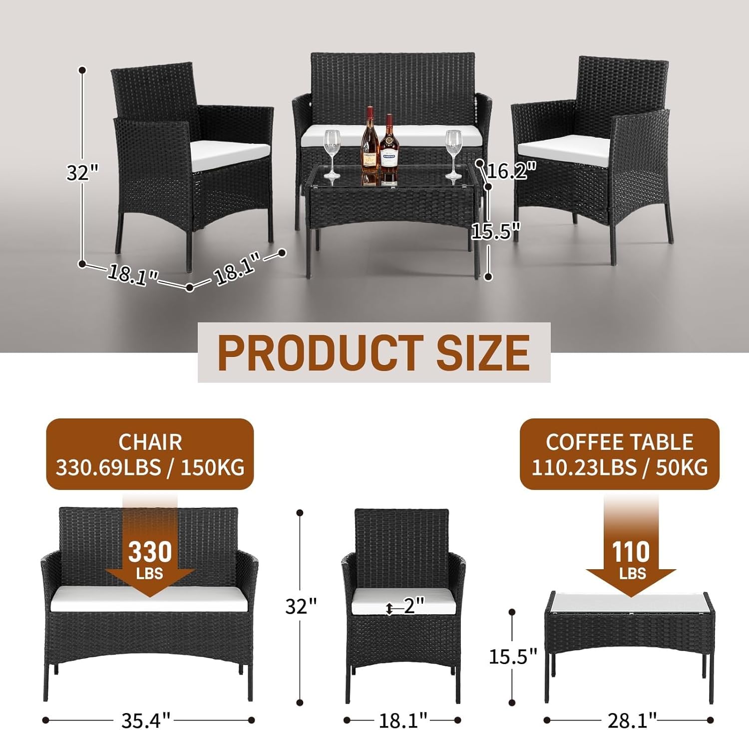 4 Pieces Patio Furniture Set Rattan Conversation Sets with Loveseat Soft Cushion and Glass Table Outdoor Furniture Sets for Garden Backyard Balcony Porch Poolside(Black)