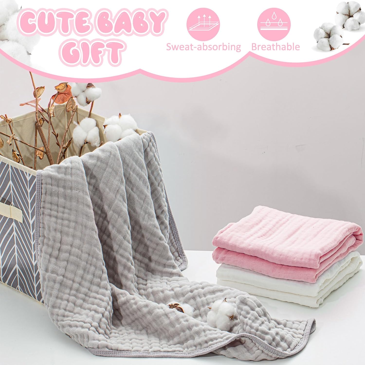Preboun 3 Pcs Muslin Baby Hooded Towels Cotton Absorbent 6 Layers Cute Bath Toddler Towels for Newborn Kids Girl Infant Boys Toddler Shower Gift Supplies (Grey,Pink,White)