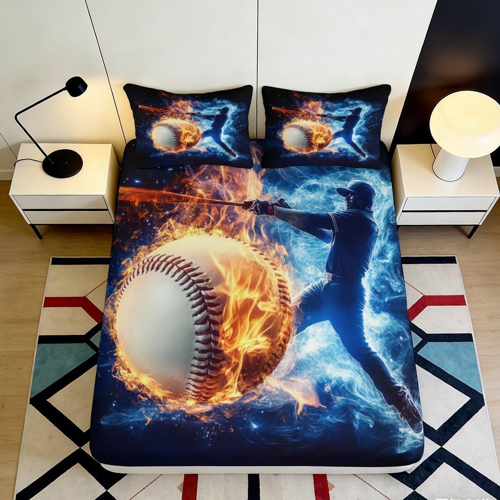 3D Printed Baseball Pattern Fitted Sheet Microfiber Deep Pocket Bedding Set Baseball Mattress Fitted Cover Non-Slip Elastic Hem for Bedroom 90x200x25cm