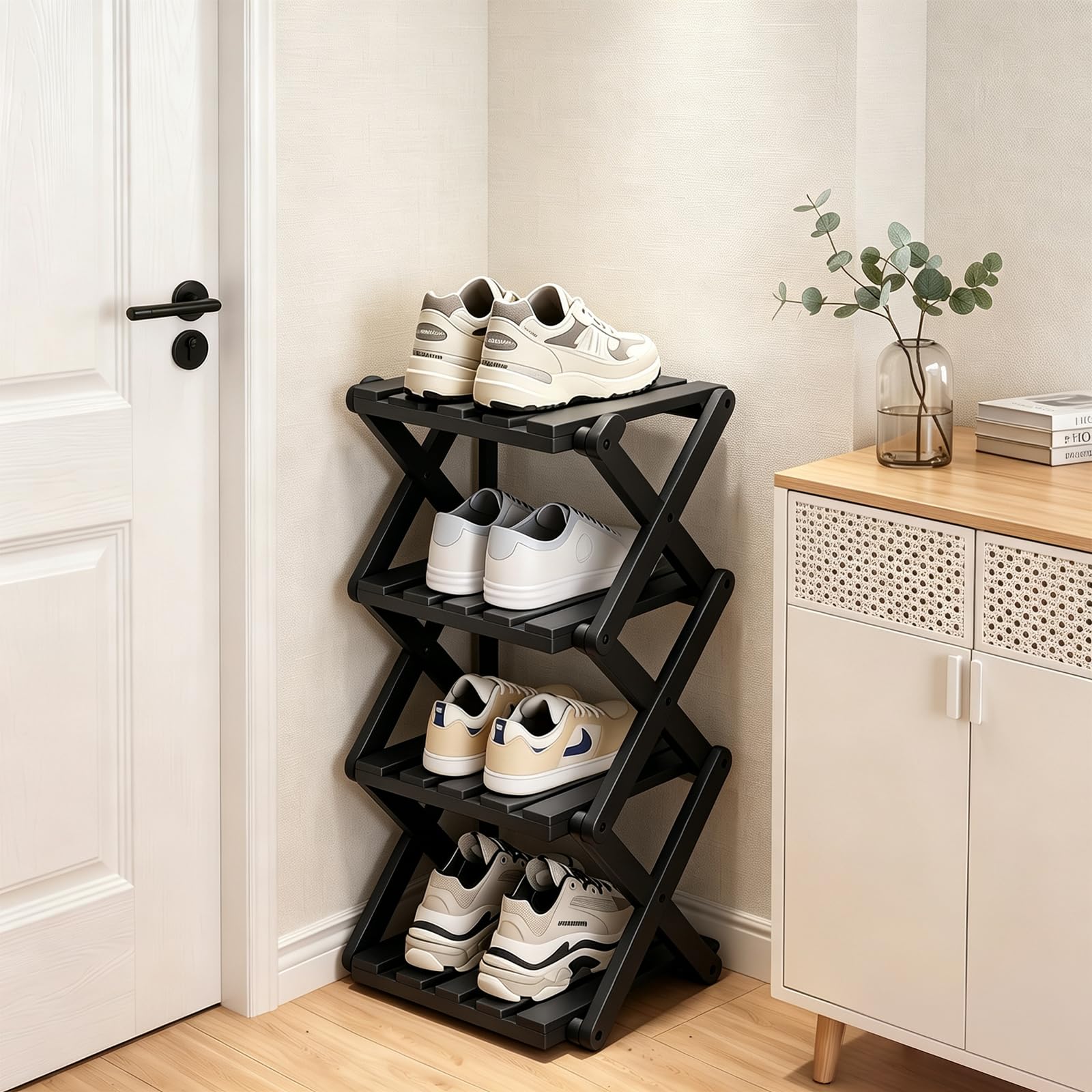 Yahbrra Vertical Small Shoe Rack: 4 Tier Bamboo Foldable Organizer Vertical