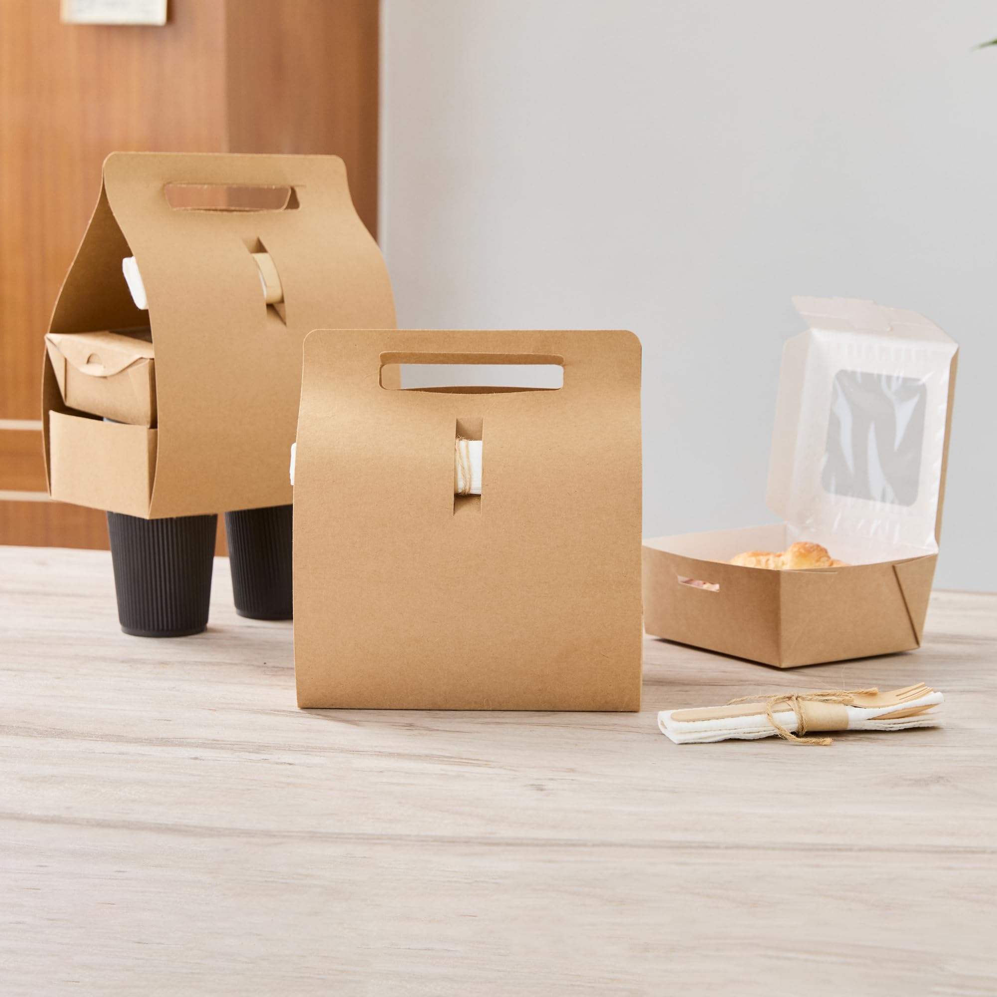 Restaurantware Bio Tek - Fiambreras de papel con asas, 100 recipientes desechables de papel kraft para alimentos, 21 x 10 x 20 cm, portavasos para utensilios de cocina, portadores de bebidas para