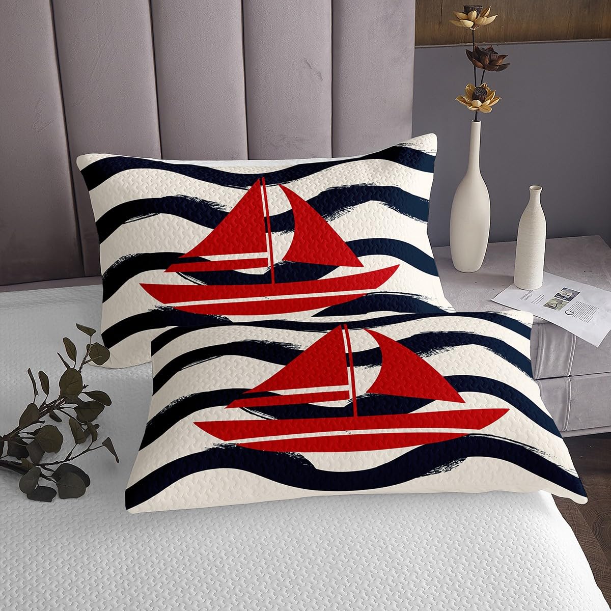 Set copriletto trapuntato con barca a vela, per bambini, per ragazzi, ragazze, adolescenti, onde oceaniche, mare, marino, hawaiano, spiaggia, decorazione per la camera