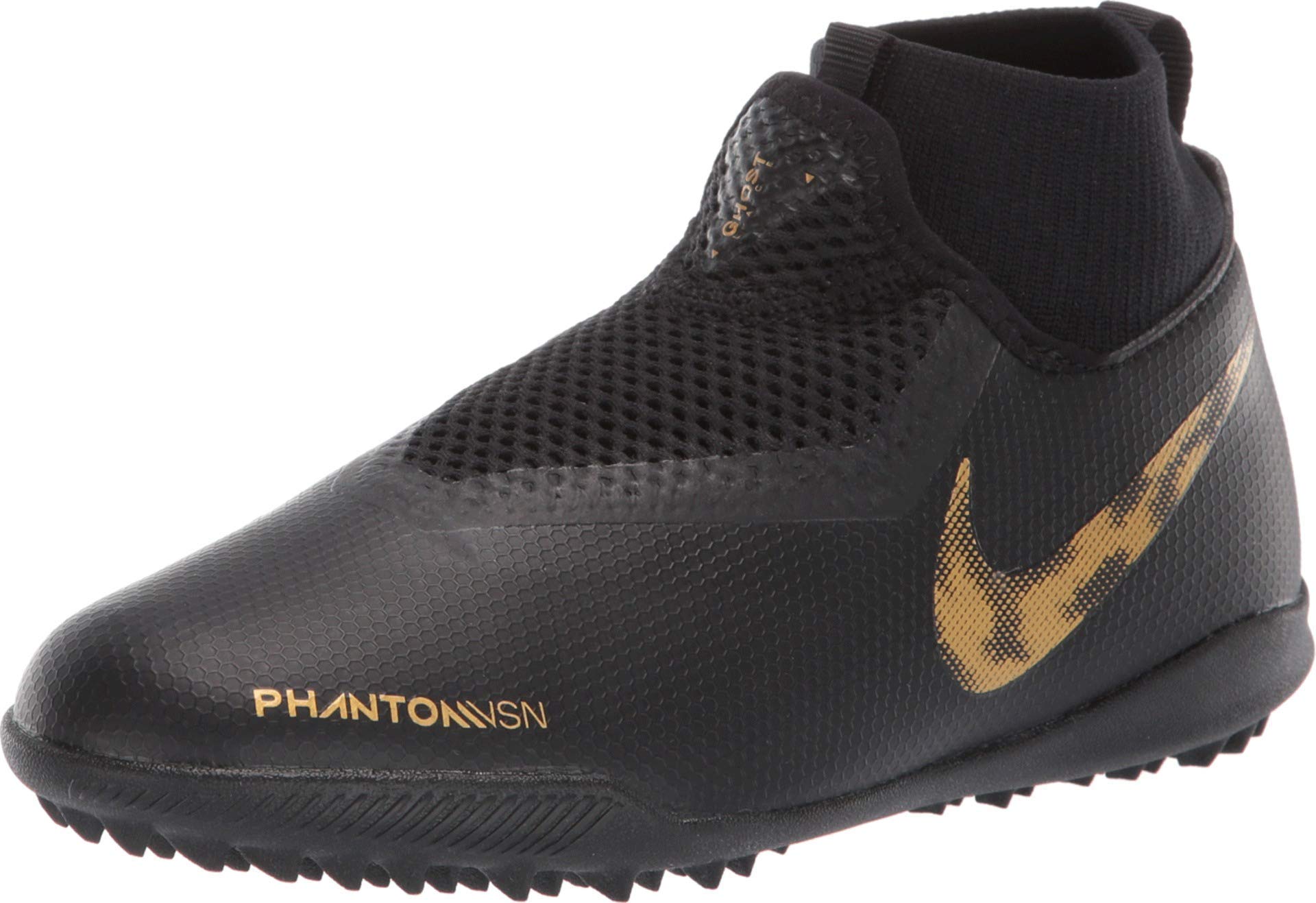 Nike Kids JR Phantom Vision Academy DF TF Soccer (Little Kid/Big Kid) Black/Metallic Vivid Gold 2 Little Kid
