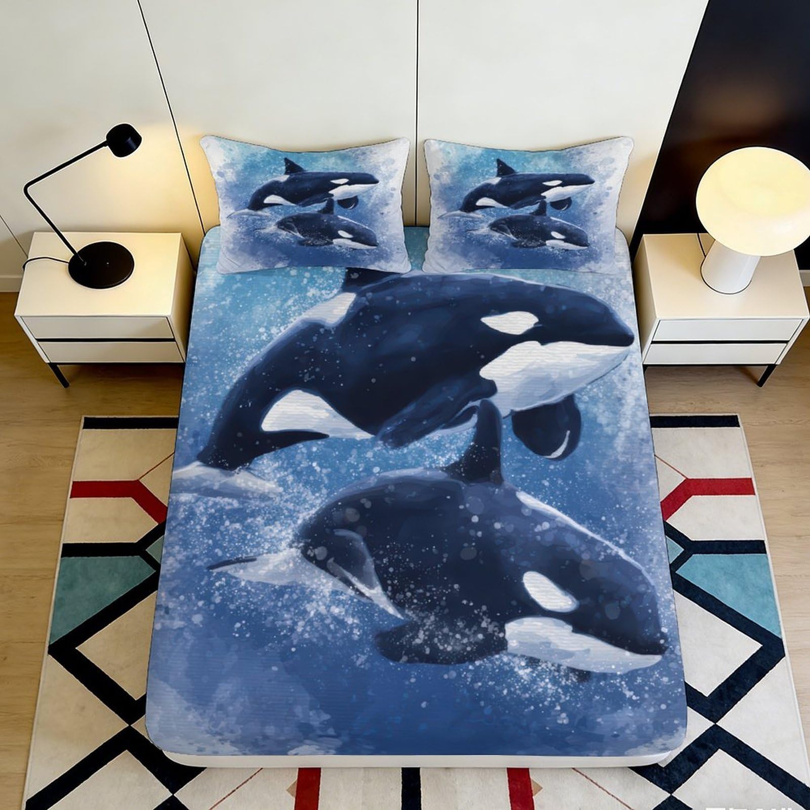 3D Printed Ocean Animals Fitted Sheet Microfiber Deep Pocket for Adults Bedroom Bedding Orca Mattress Fitted Cover Elastic Hem 200x200x25cm 90x200x25cm