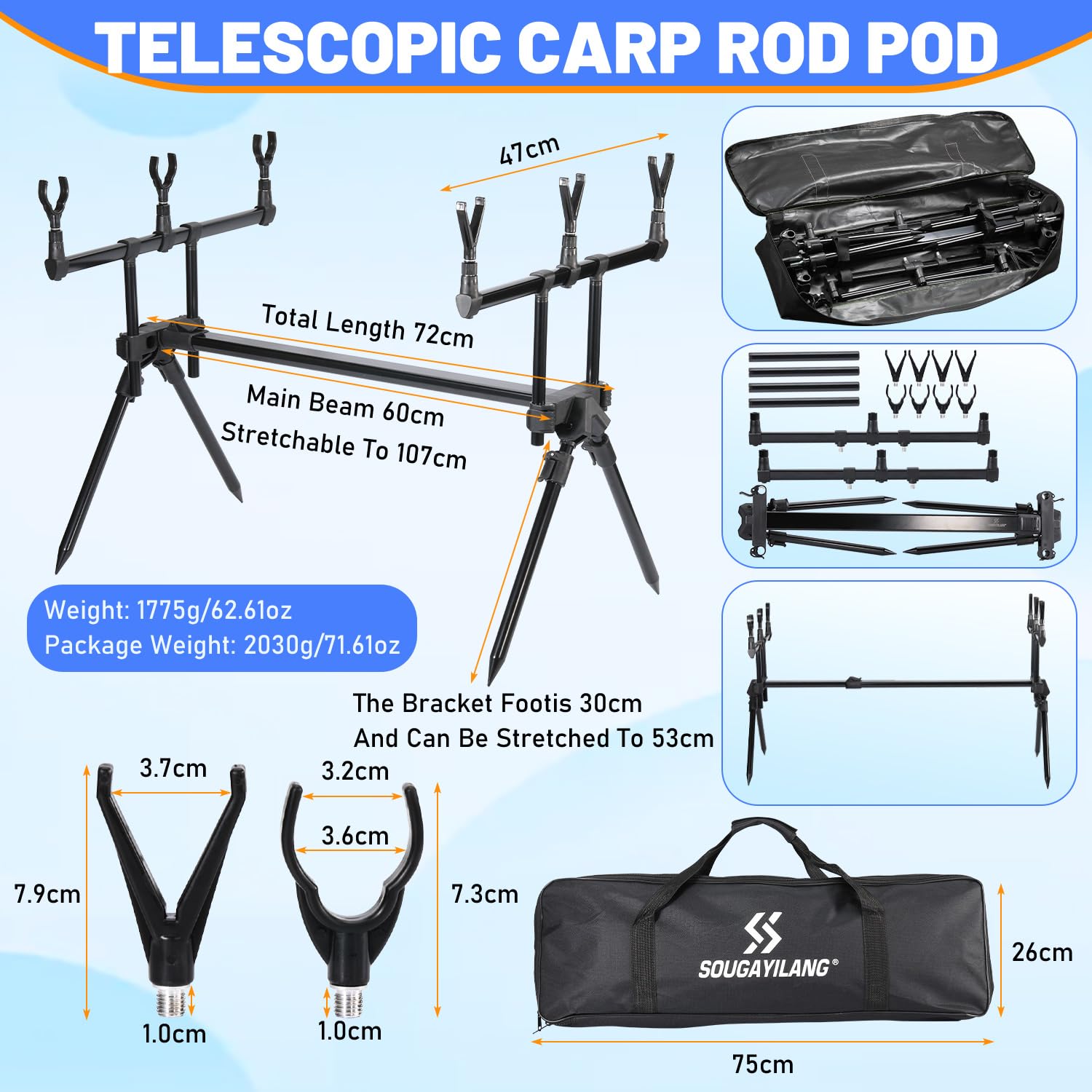 Sougayilang Ensemble de pêche à la carpe, 3 cannes de 3,3 m + moulinets série 4000, détecteurs de morsure, support de canne réglable, kit complet pour lacs et rivières à la carpe