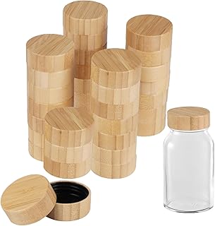 DIMEGON 32 Pcs Bamboo Jar Lids, Natural Bamboo Lids, Nice Sealing Wooden Storage Can Lids, Round Bottle Jar Lids, Reusable Leak-proof Lids for 4oz & 6oz Spice Jars (32)