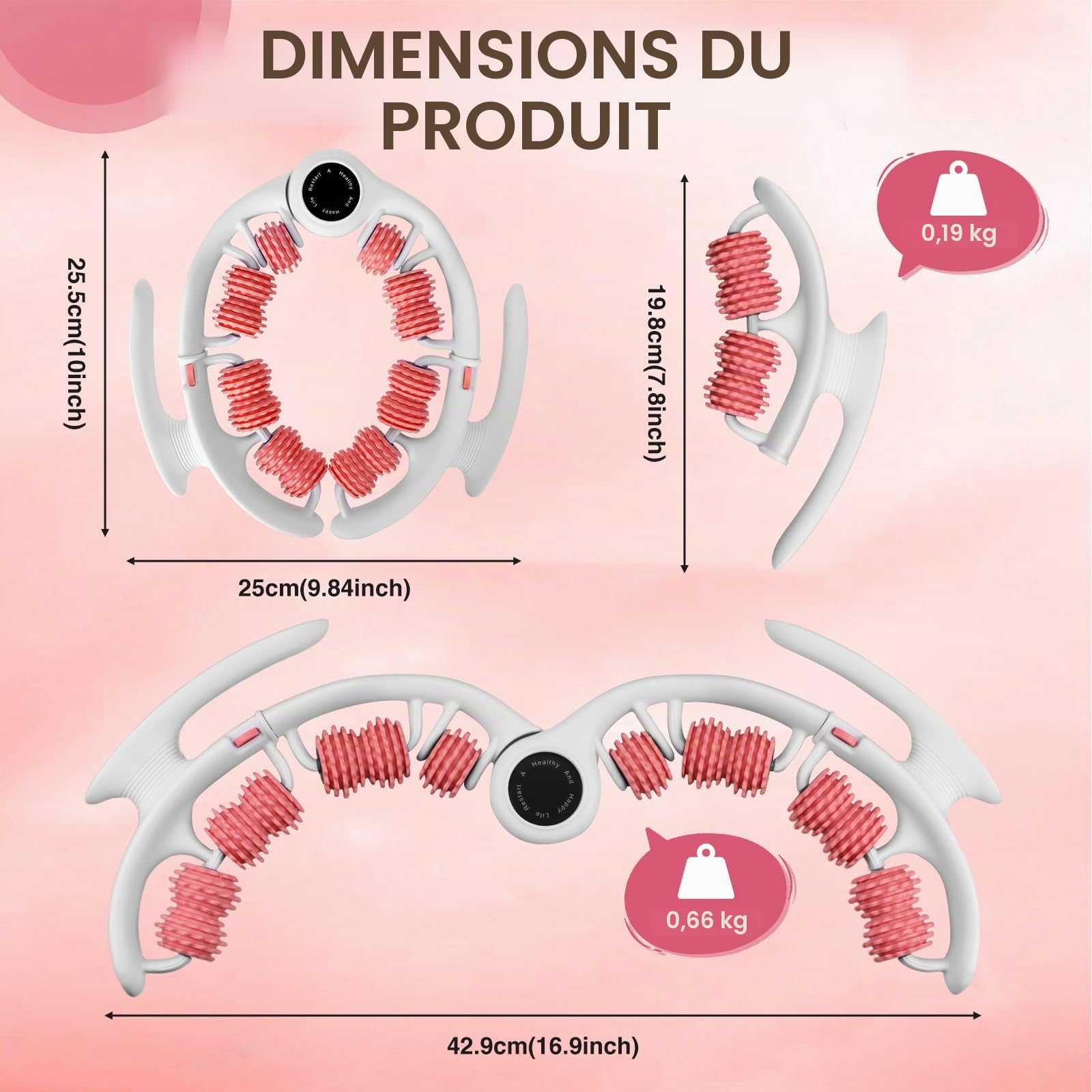 Masseur Anti Cellulite, Rouleau de Massage pour Jambes, Cuisses et Fesses, 360° Massage Cellulite avec Poignées Amovibles, Drainage Lymphatique Jambes (Rose)