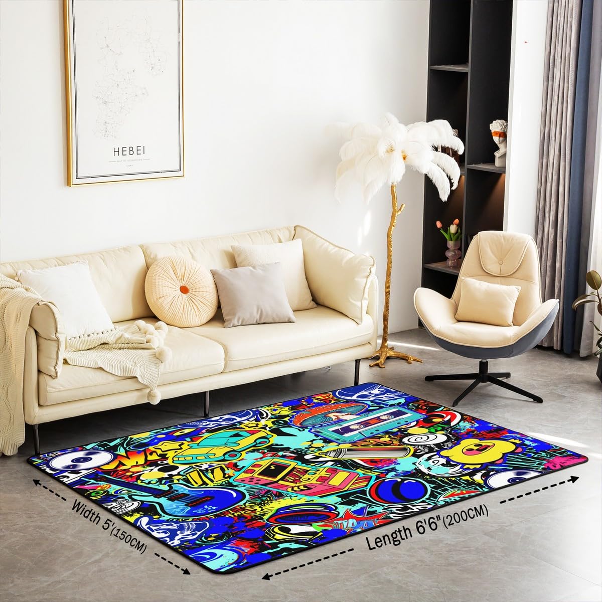 Loussiesd Hippie Graffiti Tappeto Stile 100 x 150 cm per Bambini Ragazzi Grafica Graffiti Moderno Tappeto Hip Hop Musica Tappeto Soggiorno Street Culture Outdoor Tappeto
