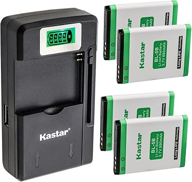 Kastar 4-Pack BL-5B Battery and Smart LCD Charger Replacement for VJIANGER 4K 48MP Mini Digital Compact Camera, Saneen 4K Small Compact Digital Camera, Avantree 10BS, 10BP and CK-11