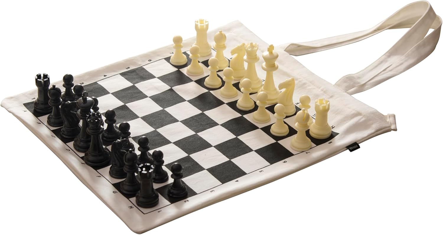 Stonkraft Roll-up Chess Board – Dual Purpose Portable Chess Mat & Cotton Tote Bag with Chess Board Print to Play Chess Anywhere | Easy to Carry & Compact (with Pieces)