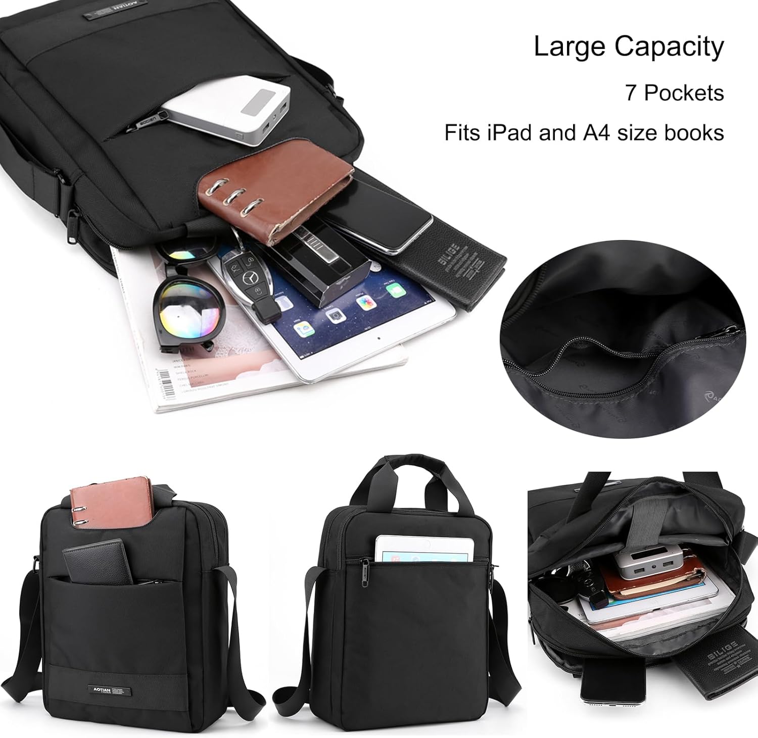 zhongningyifeng Men's Messenger Bag Nylon Shoulder Bag A4 Business Waterproof Casual Black Crossbody Bag for Work Travel Outdoor - Image 3