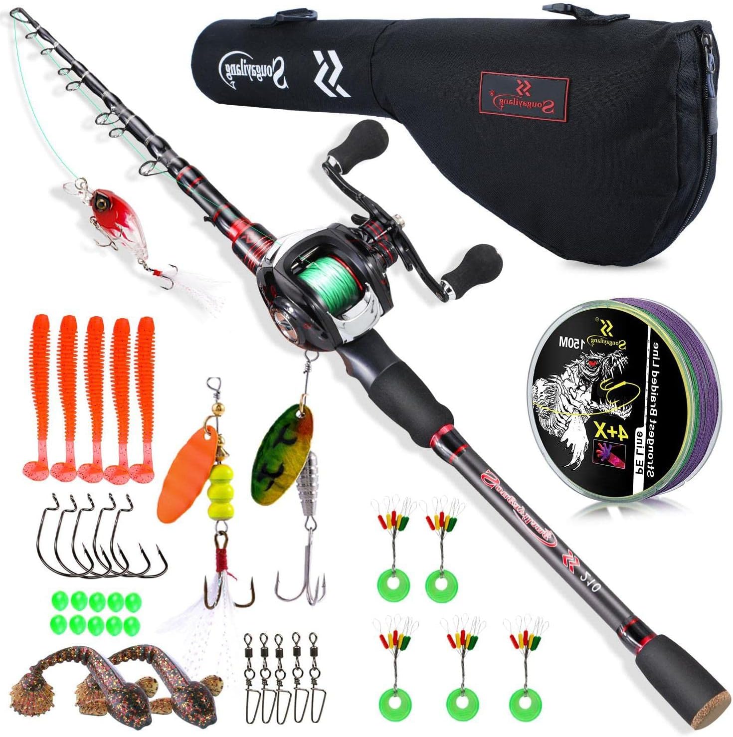 Sougayilang Fishing Rod and Reel Combo, Telescopic Casting Rod Baitcasting Reel with Carrier Bag Baitcaster Combo for Freshwater Saltwater D-Fishing Full Kits with Carrier Case 6ft with Right Handle