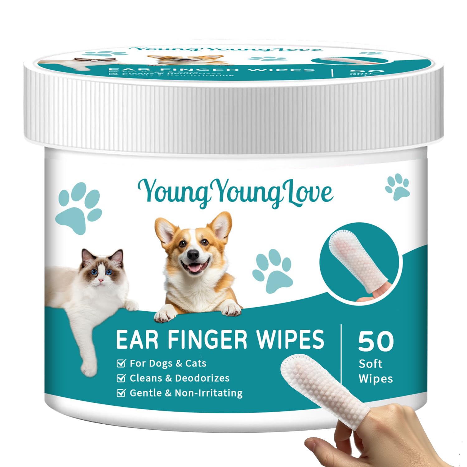 Dog & Cat Ear Wipes - Gently Remove Wax, Dirt, Debris, Smelly & Soothe Itchy Ears, Ear Cleaner Finger Wipes for Dogs & Cats - Soft, Non-Irritating, Hypoallergenic Grooming Pads for Pets, 50 Counts