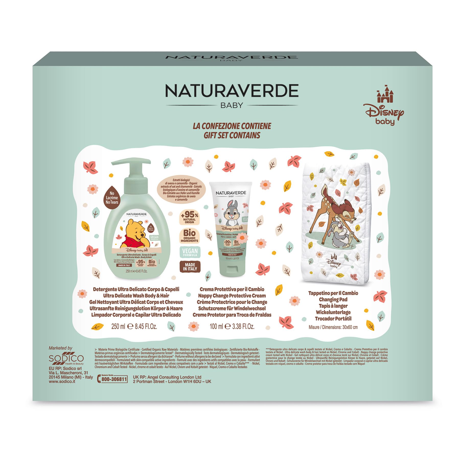 Naturaverde Baby Disney Bambi Changing Pad Gift Set - Detergente Delicato Corpo e Capelli 250ml, Crema Protettiva Cambio 100ml e Tappetino Cambio Pannolino 30x60
