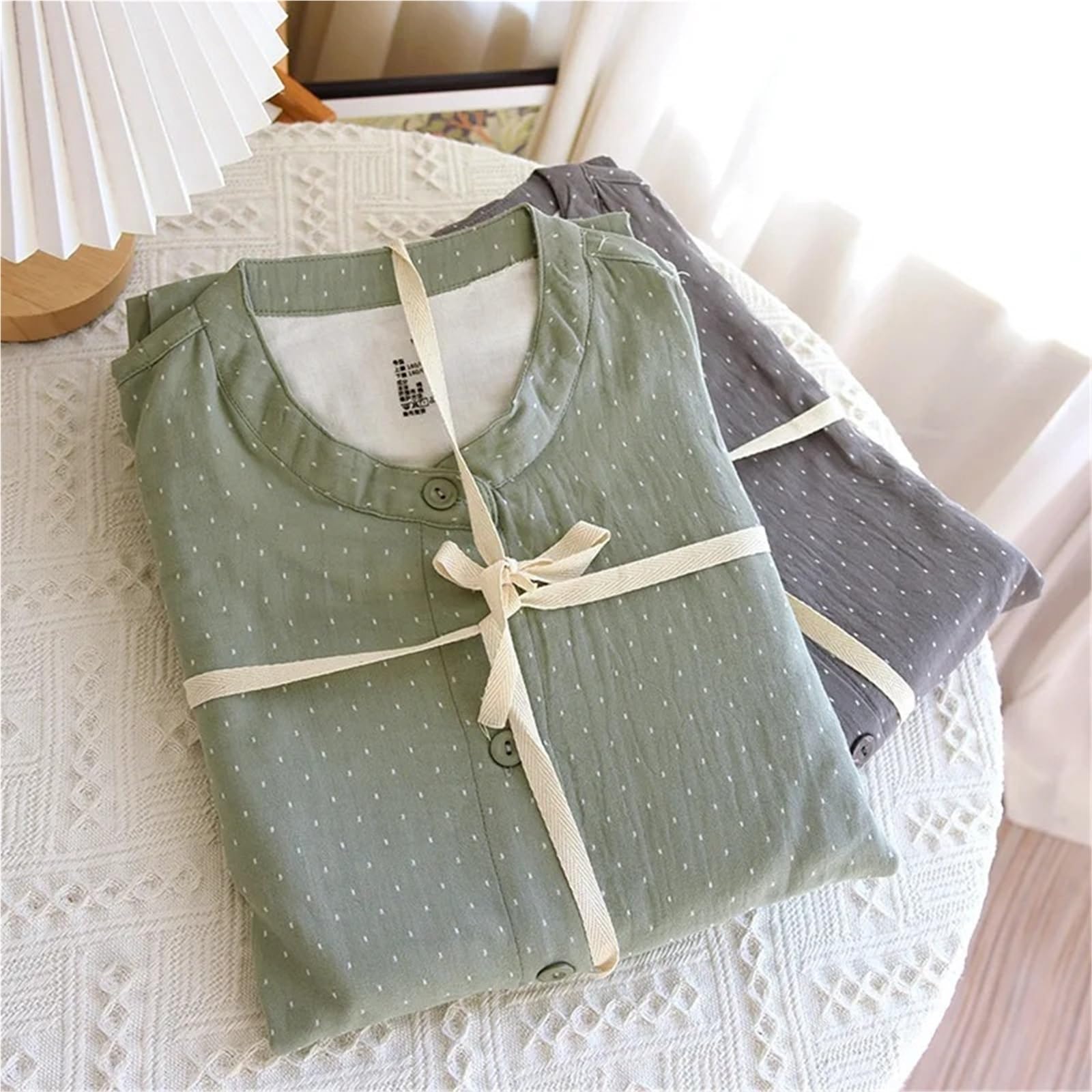 Conjuntos de Pijama Lunares algodón for Mujer, Pantalones Manga Larga Gasa teñida con Hilo, Ropa Dormir Informal Sencilla, Cuello Redondo para Descanso en casa