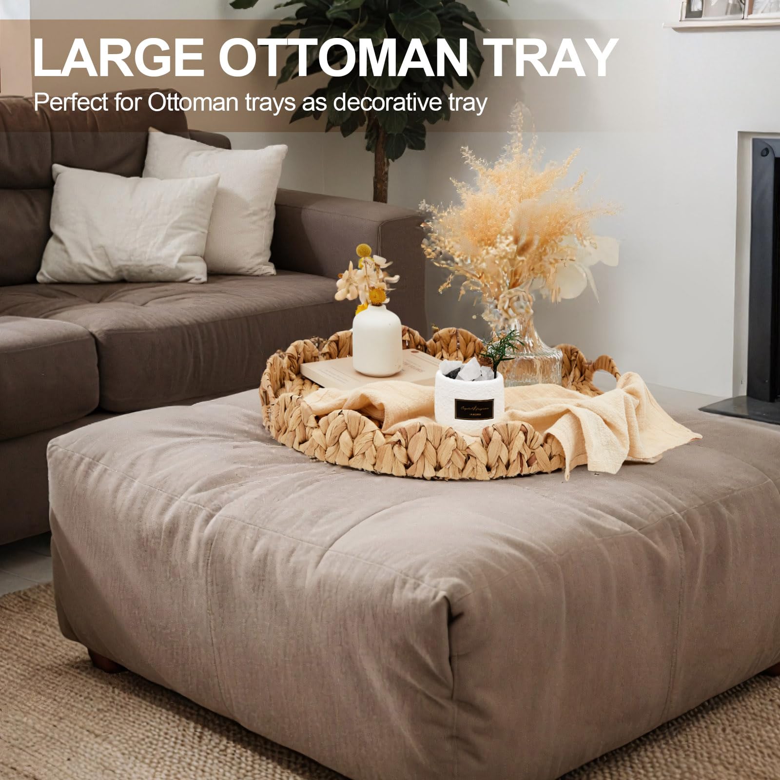 Großes rundes Serviertablett aus Korbgeflecht, 50,8 cm, handgewebt, gewellter Rand, rundes Rattan-Tablett mit Griffen, für Couchtisch, Wohnzimmer, Dekoration und Organizer (Wasserhyazinthe)