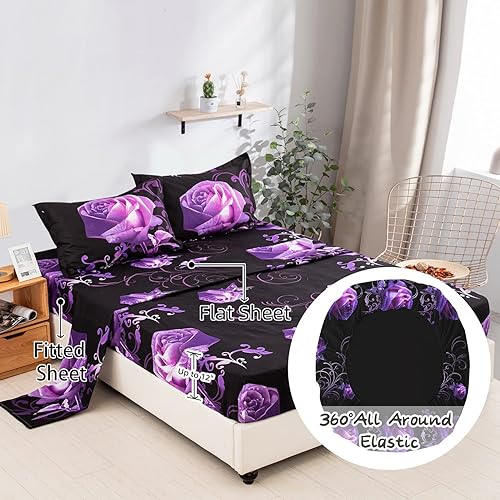 Miniatura 4 de Xruibed Juego de edredón floral tamaño King de 7 piezas en una bolsa, edredón de flores de rosas moradas con juego de sábanas de microfibra suave (1