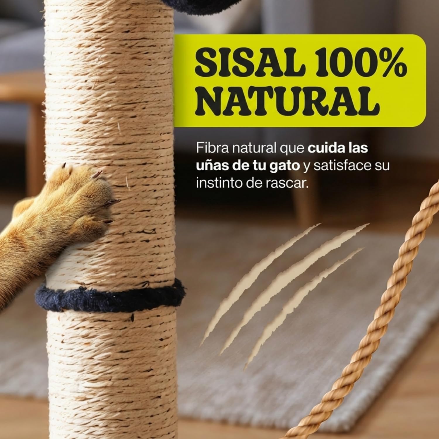 Rascador para Gatos Grandes de Interior, Poste Rascador de Sisal 74 cm con Cascabel en la Bola Colgante, Incluye Juguete de Plumas para tu Gato, Ideal para Afilado de Uñas y Diversión