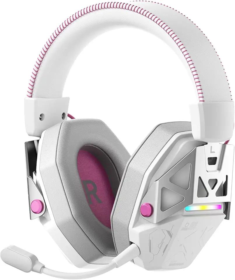 Basike Fone de Ouvido Gamer Sem Fio, Headset Sem Fio Gamer com Alto-Falante 53mm, Bluetooth/2.4 GHz/USB-C, luzes RGB, Bateria 40H para Jogos e Música, PS5/4, PC e Celular – Branco
