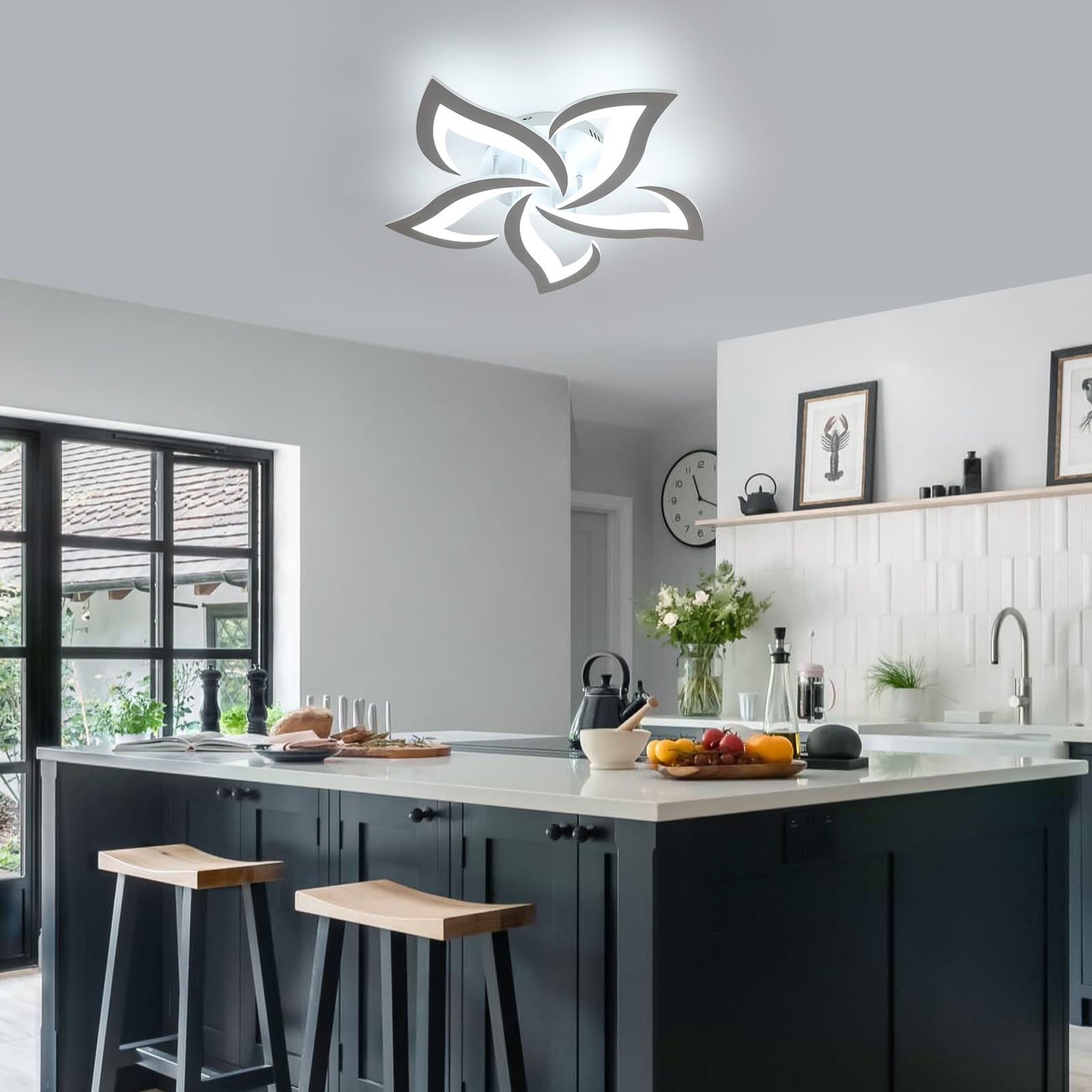 Moderna Lámpara de Techo, 60W Plafon Led Techo | Blanco frío 6500K, Luz de Techo Plata Diseño Forma de Flor Para Salon Dormitorio Comedor Cocina, 58cm